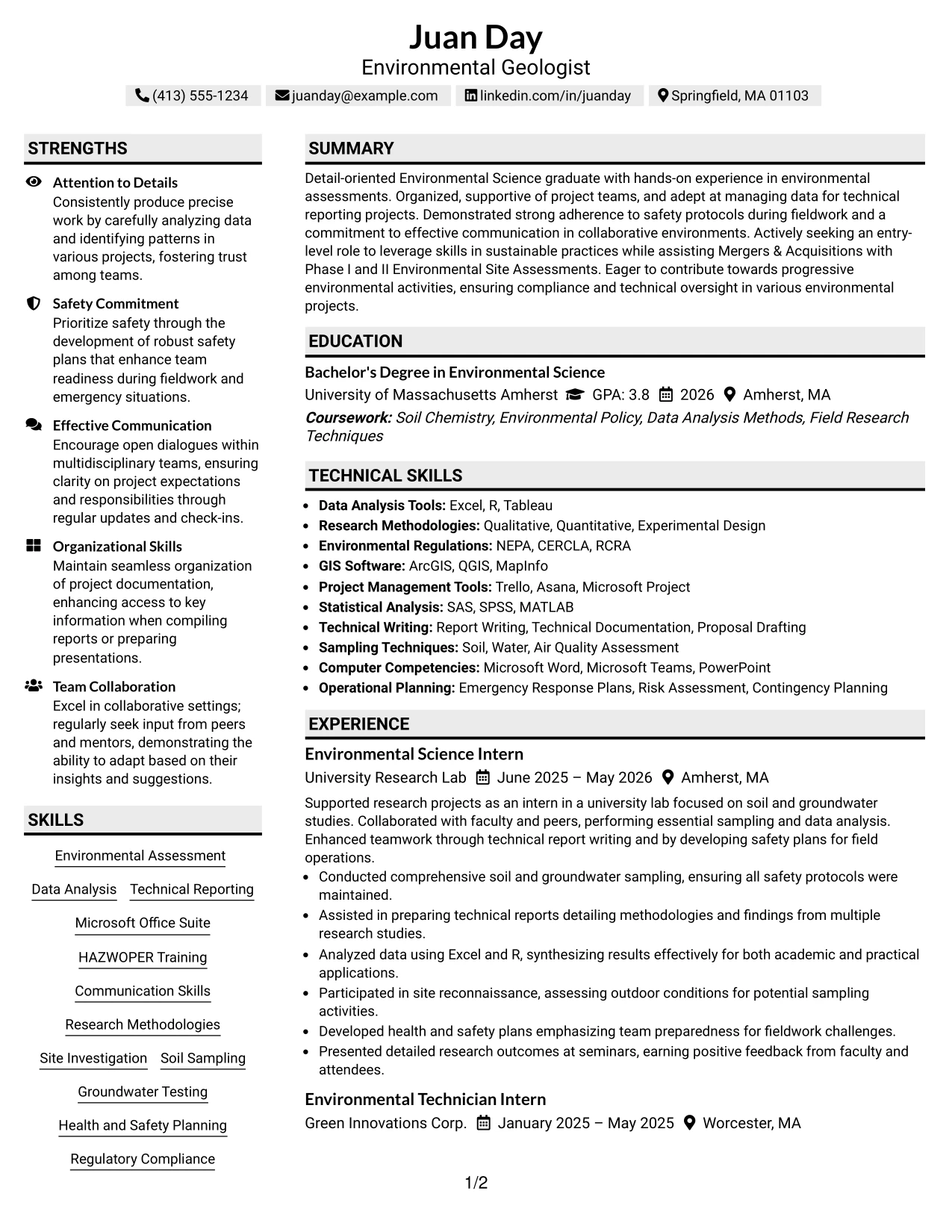 Resume Example Page 1