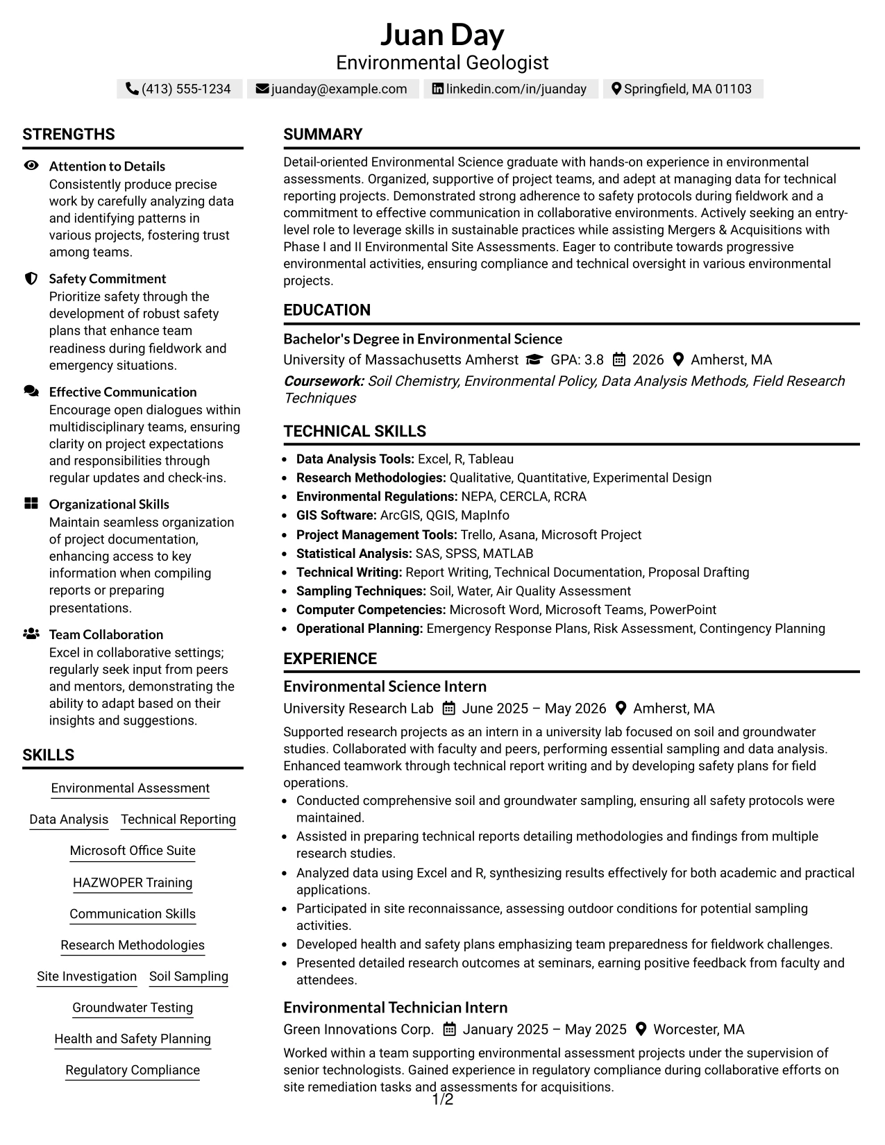 Resume Example Page 1