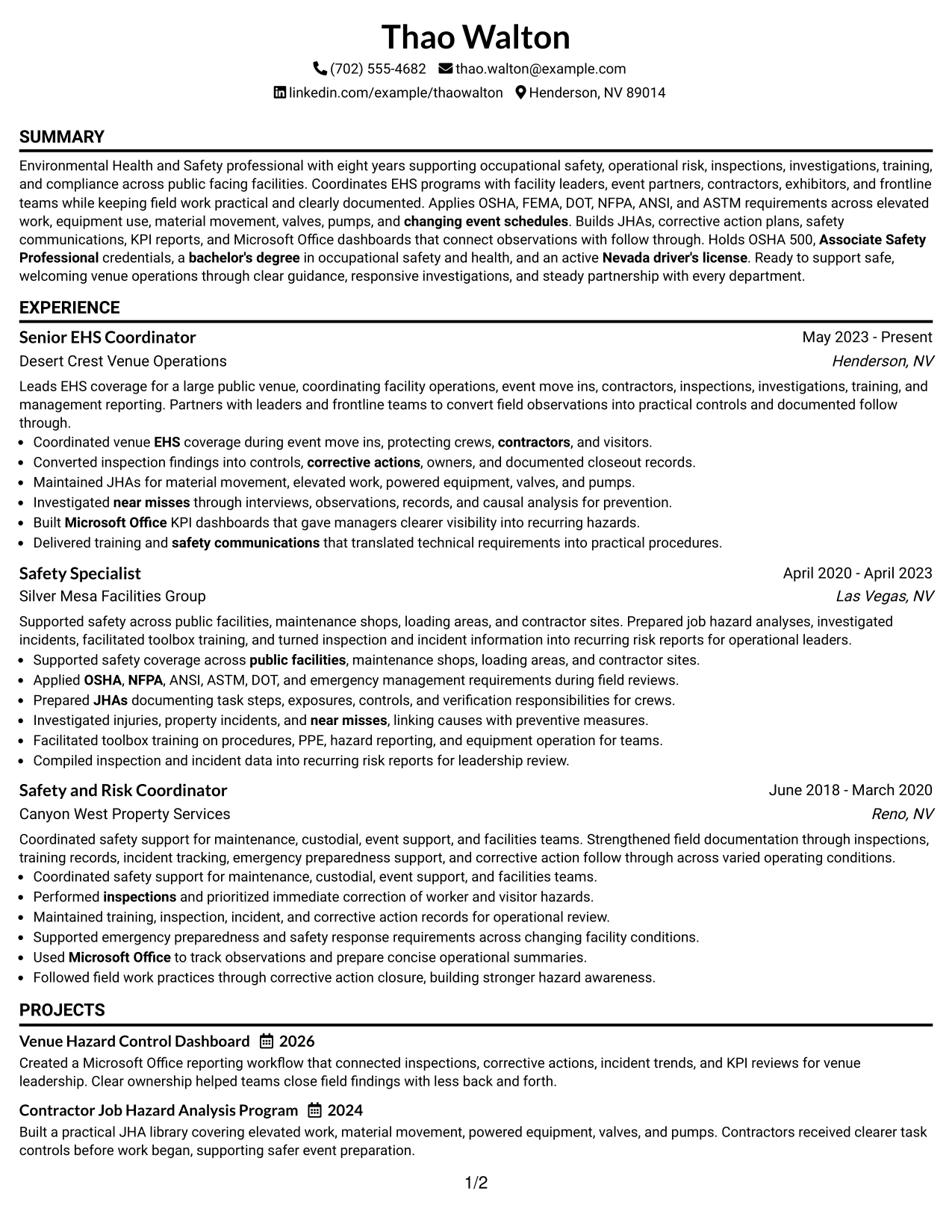 Resume Example Page 1