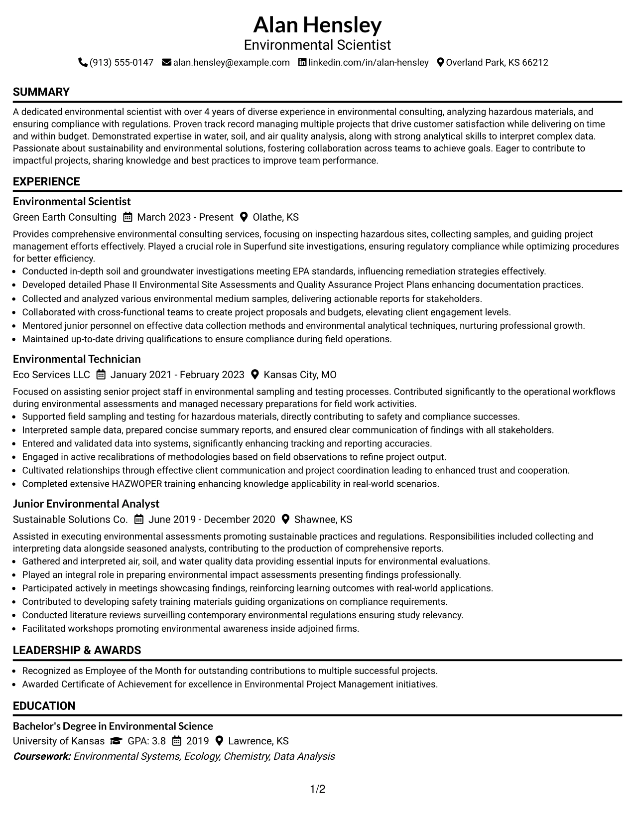 Resume Example Page 1