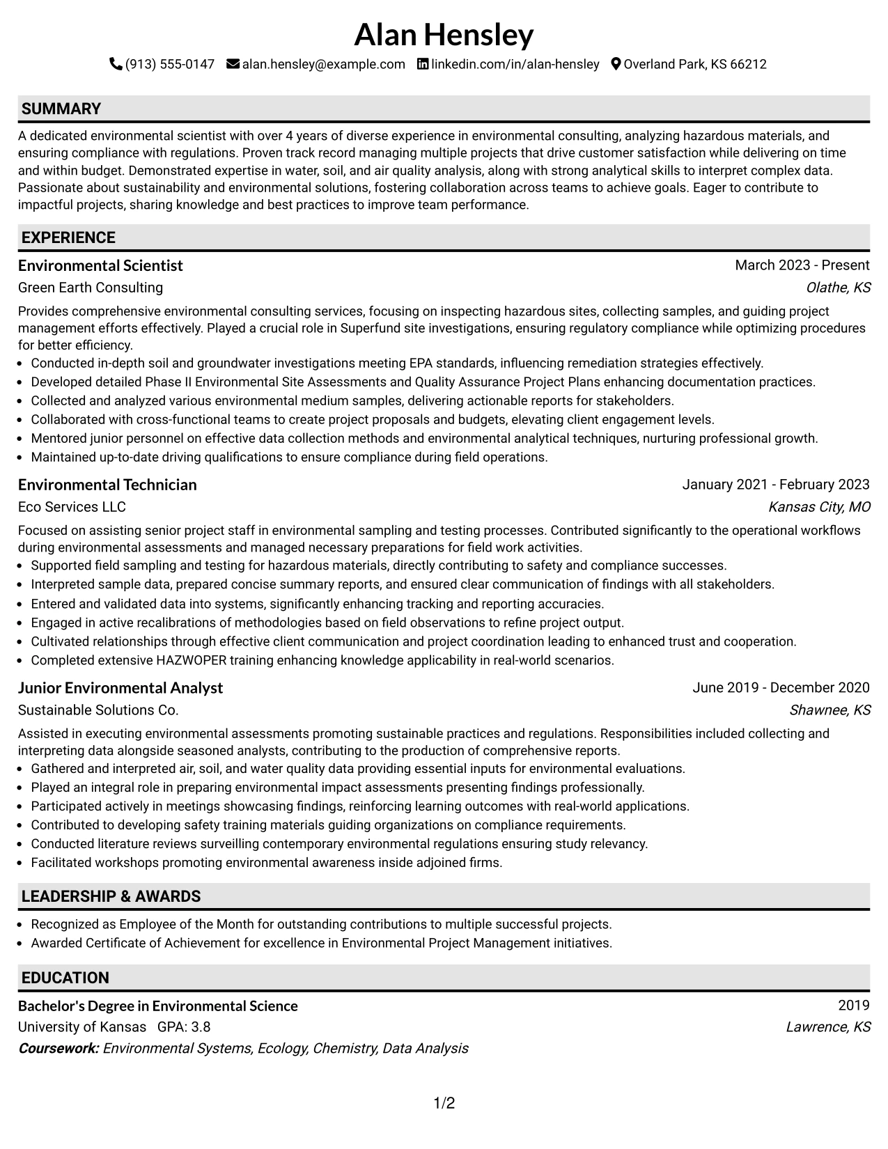 Resume Example Page 1