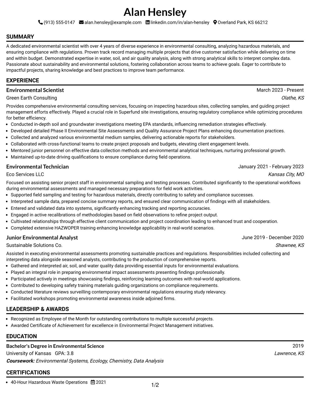 Resume Example Page 1