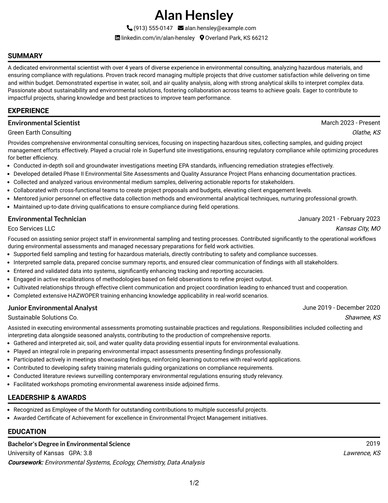 Resume Example Page 1