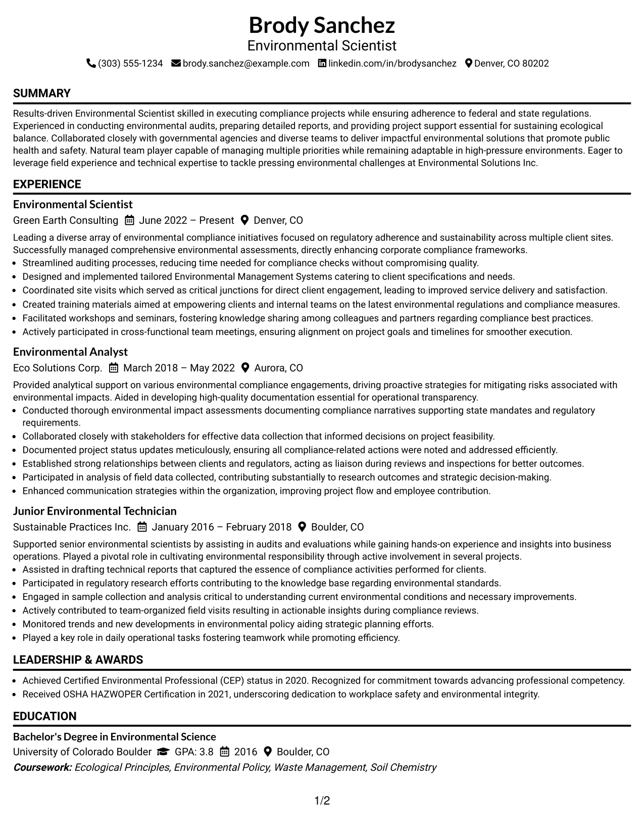 Resume Example Page 1