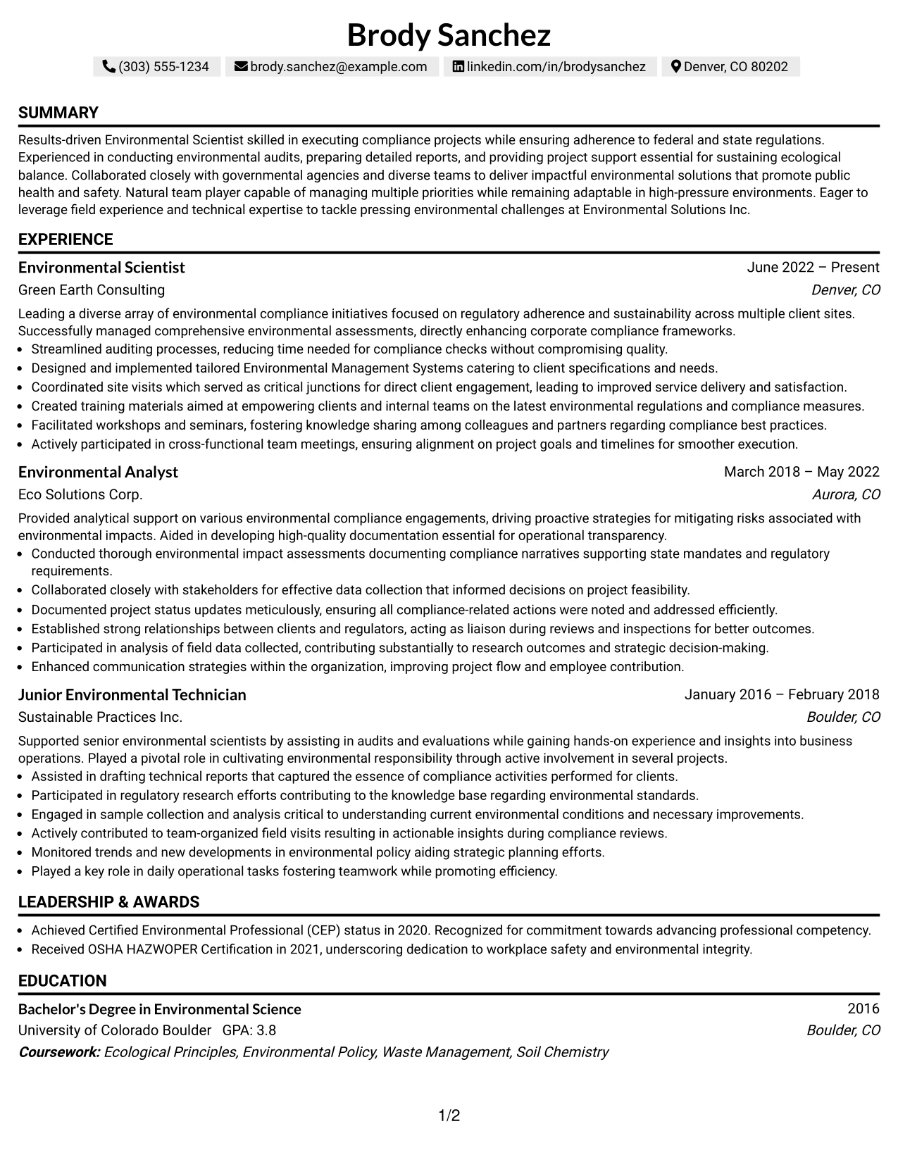 Resume Example Page 1