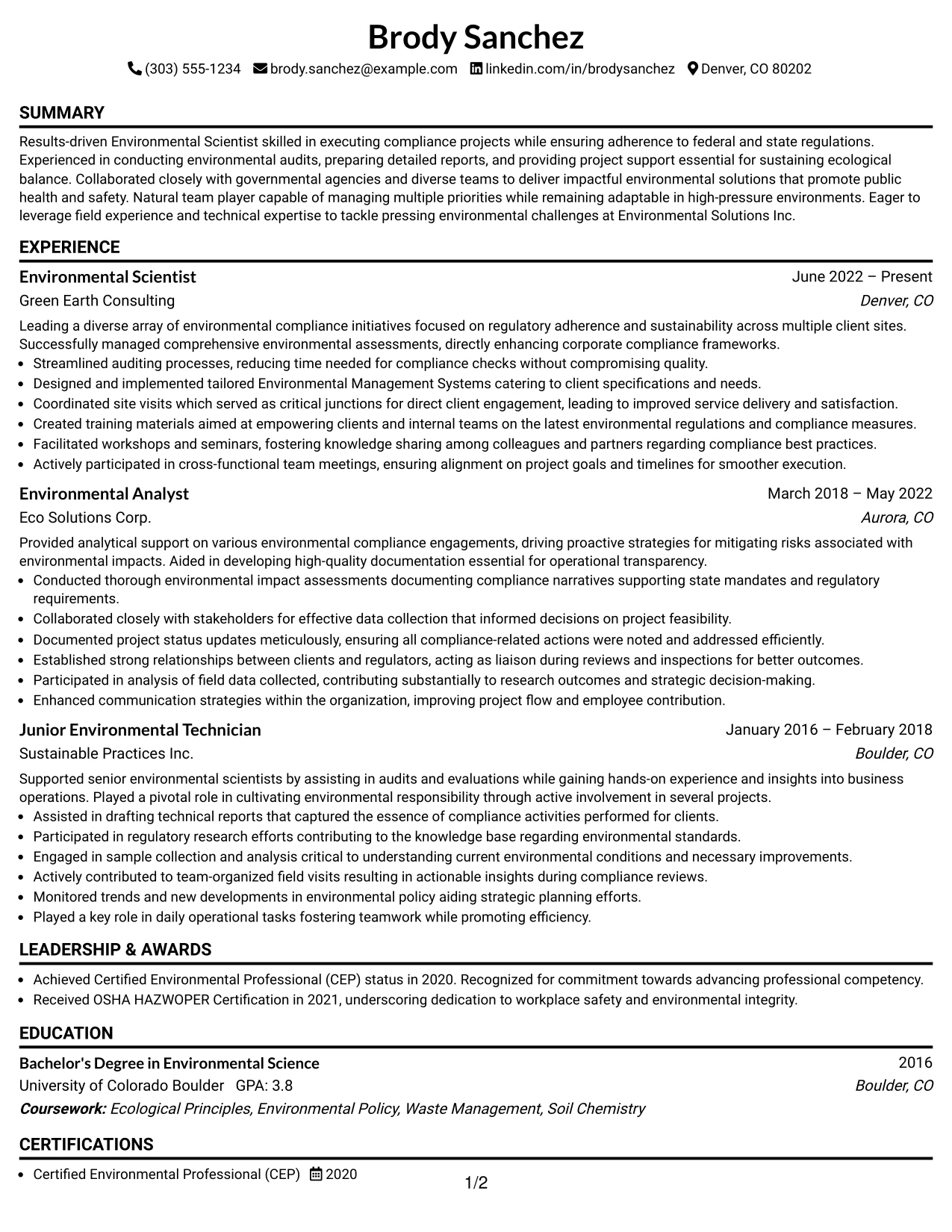 Resume Example Page 1
