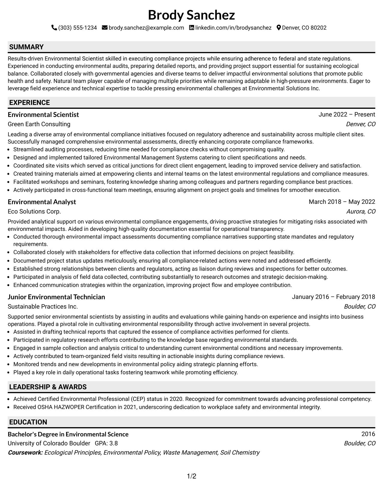 Resume Example Page 1