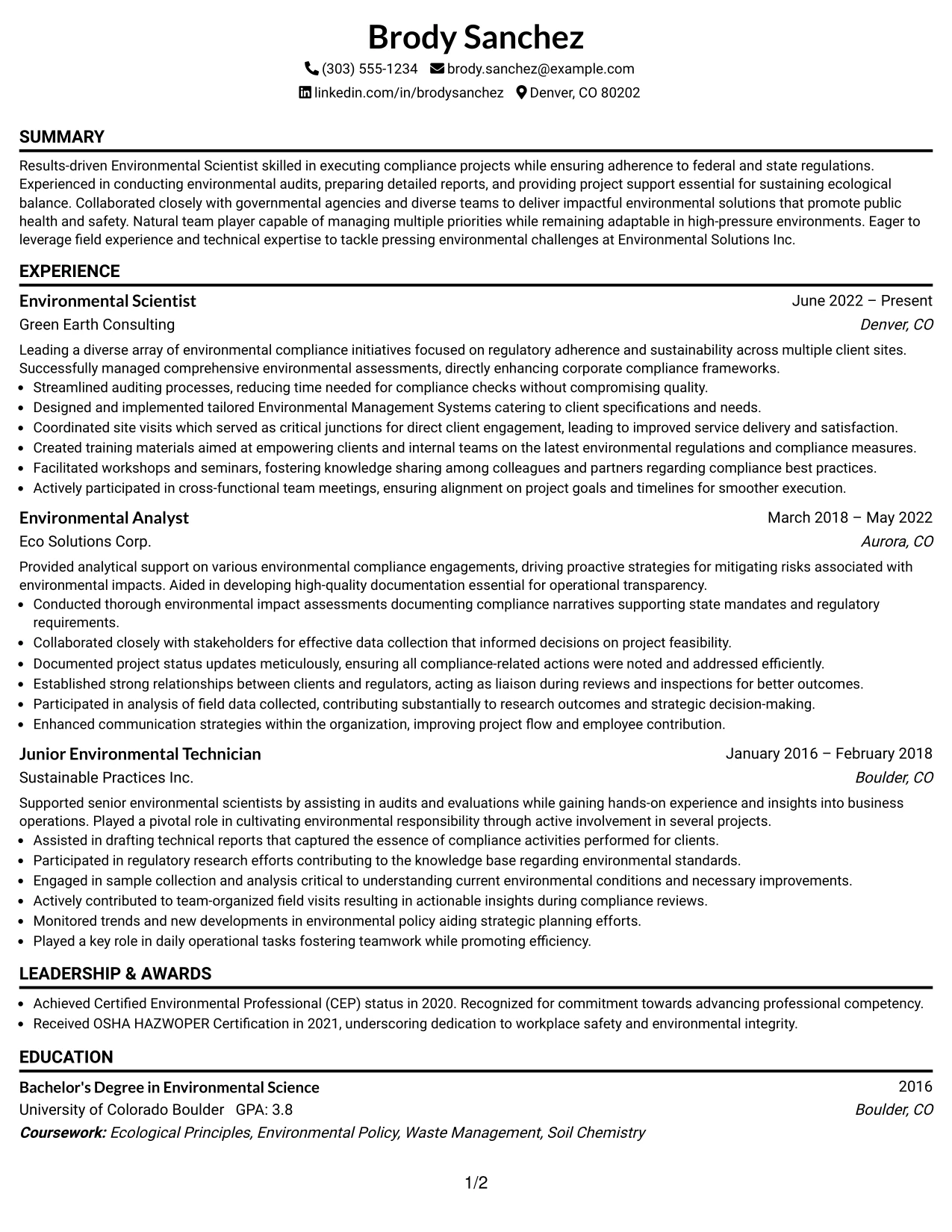 Resume Example Page 1