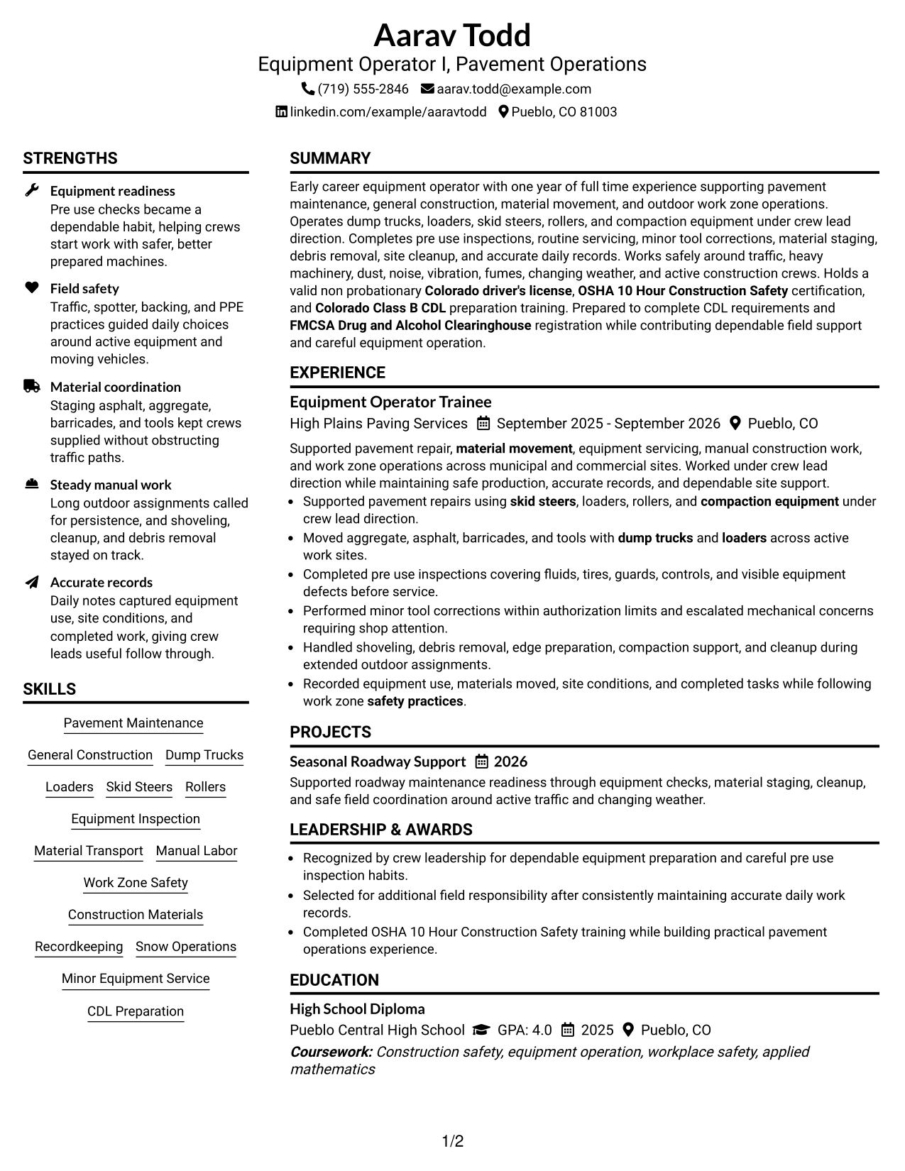 Resume Example Page 1