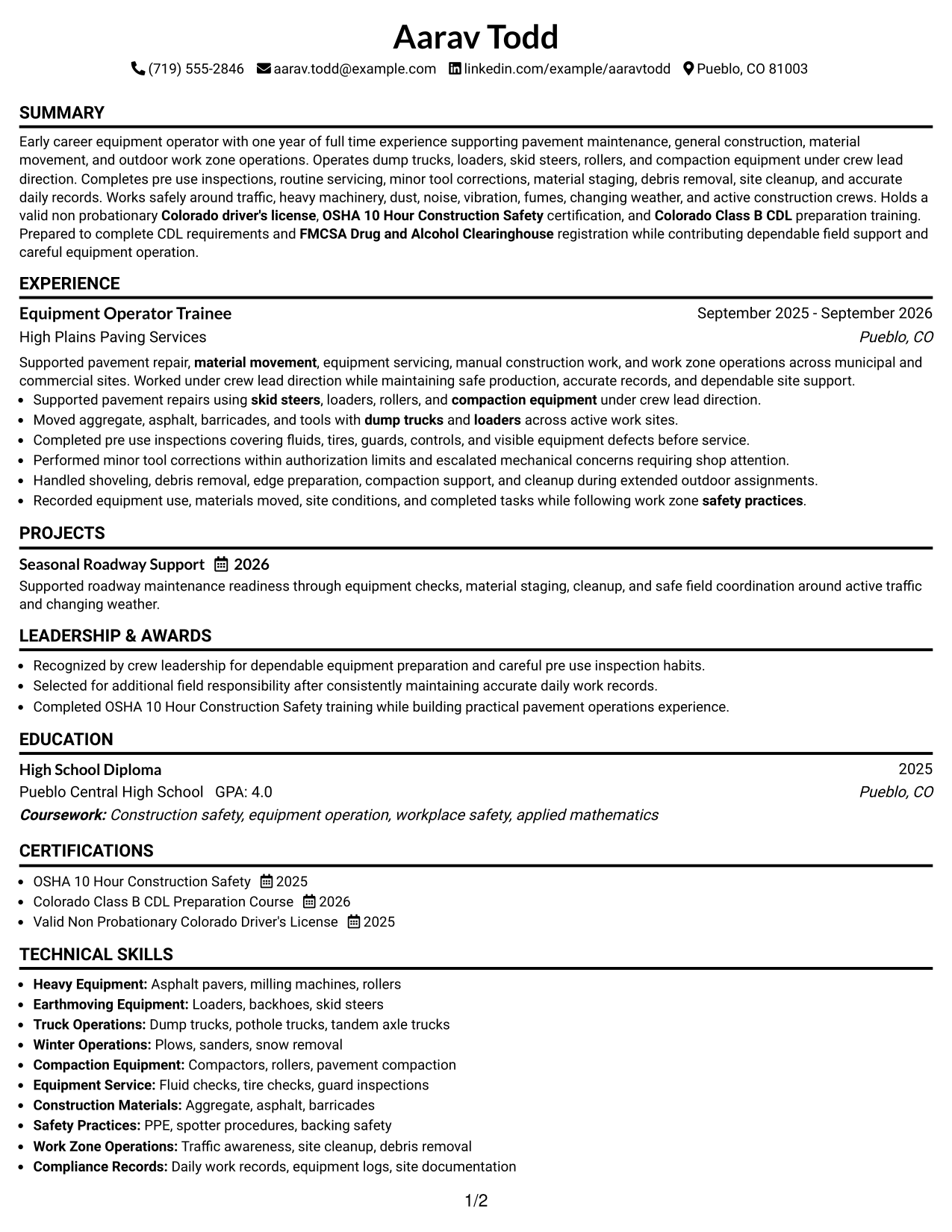 Resume Example Page 1