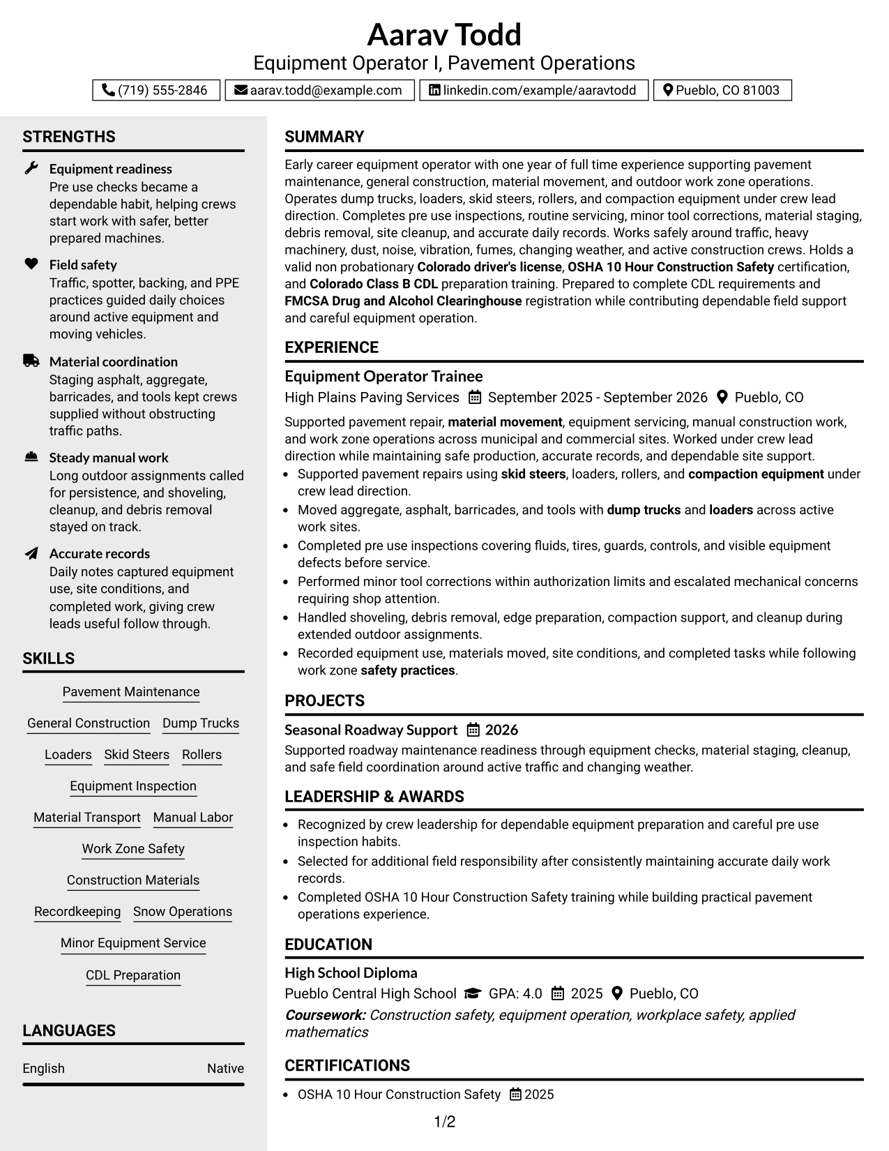 Resume Example Page 1