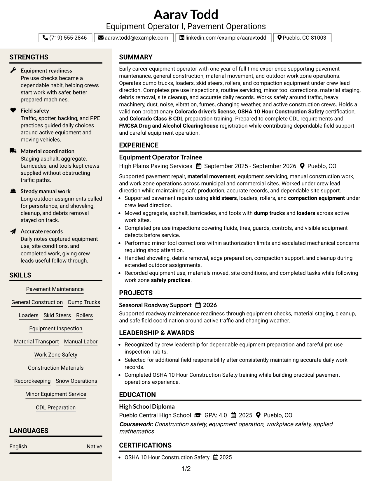 Resume Example Page 1