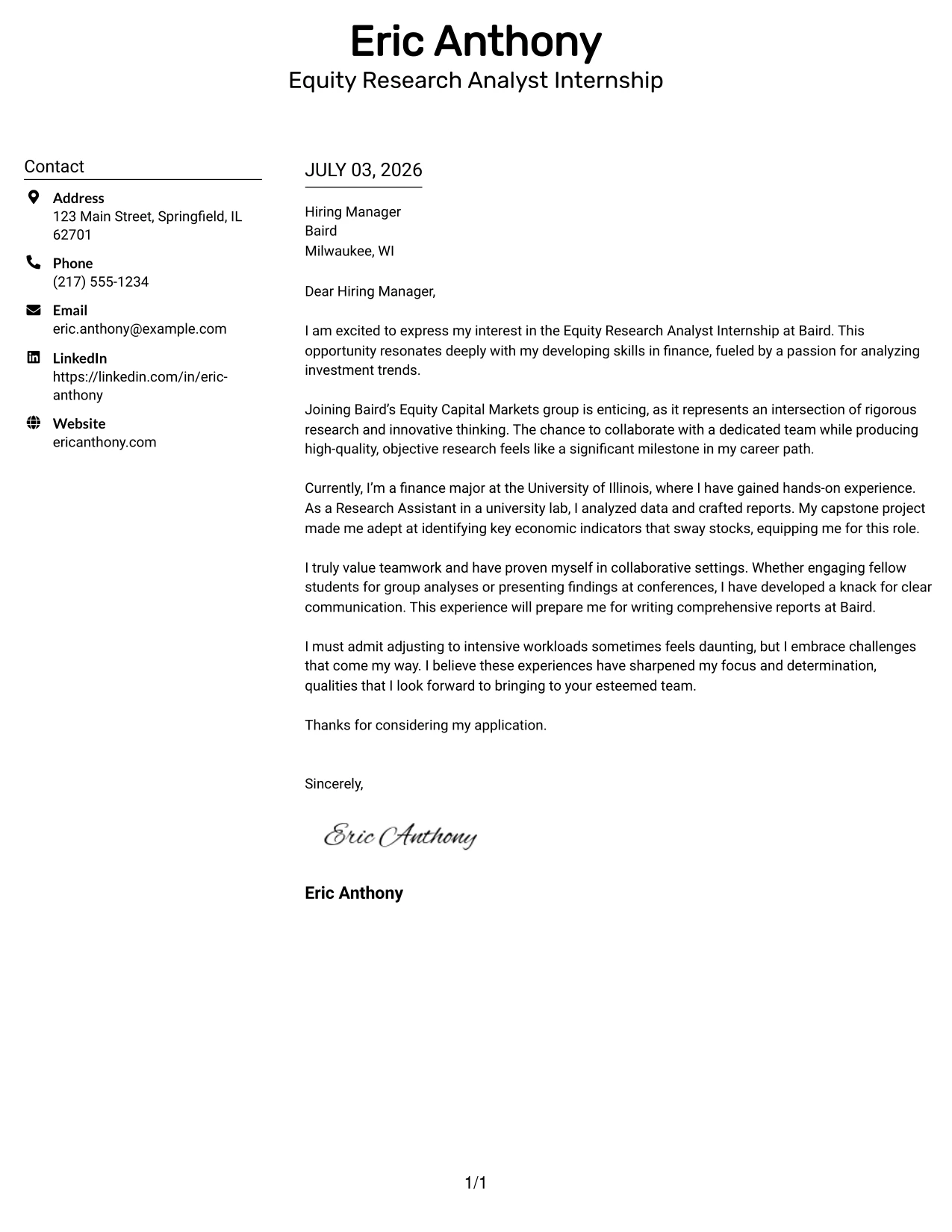 Resume Example Page 1