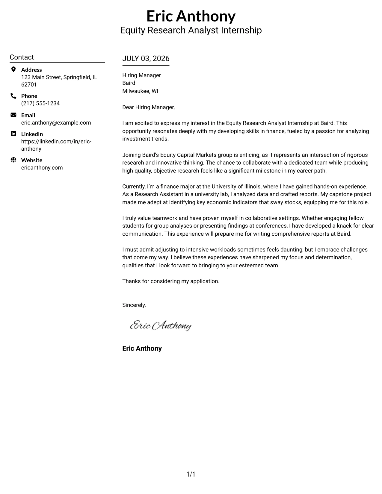 Resume Example Page 1