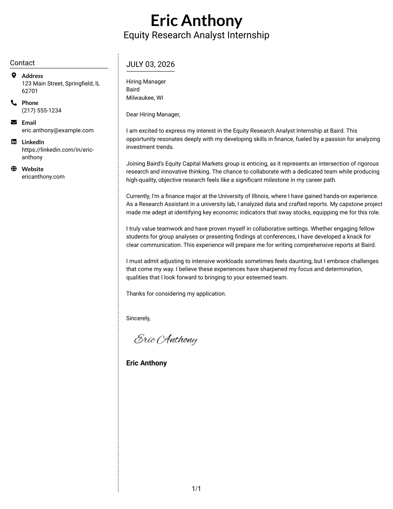 Resume Example Page 1