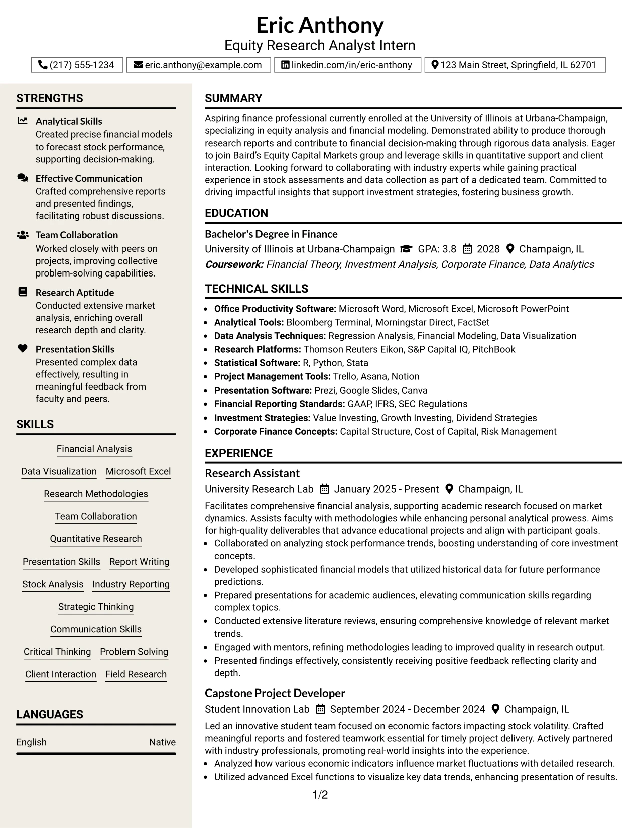 Resume Example Page 1
