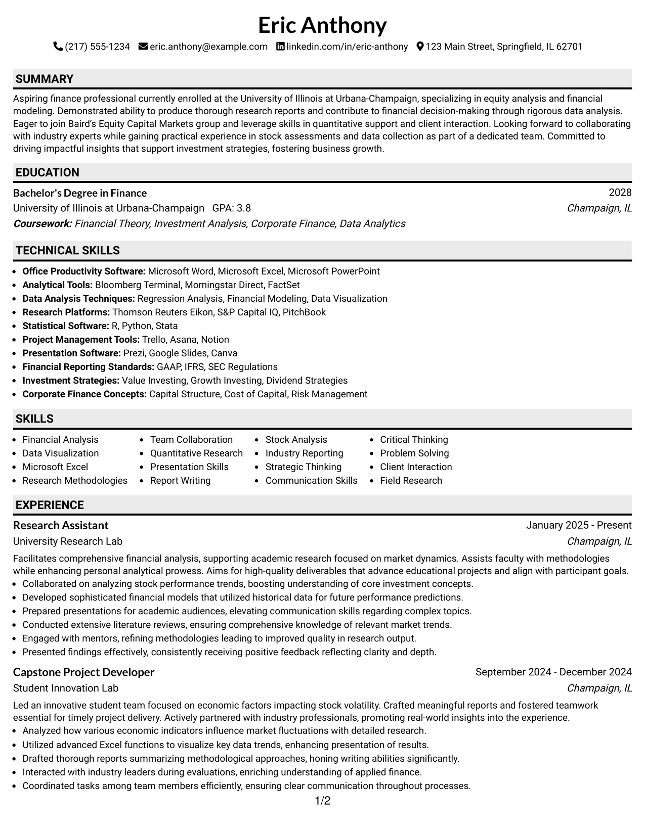 Resume Example Page 1