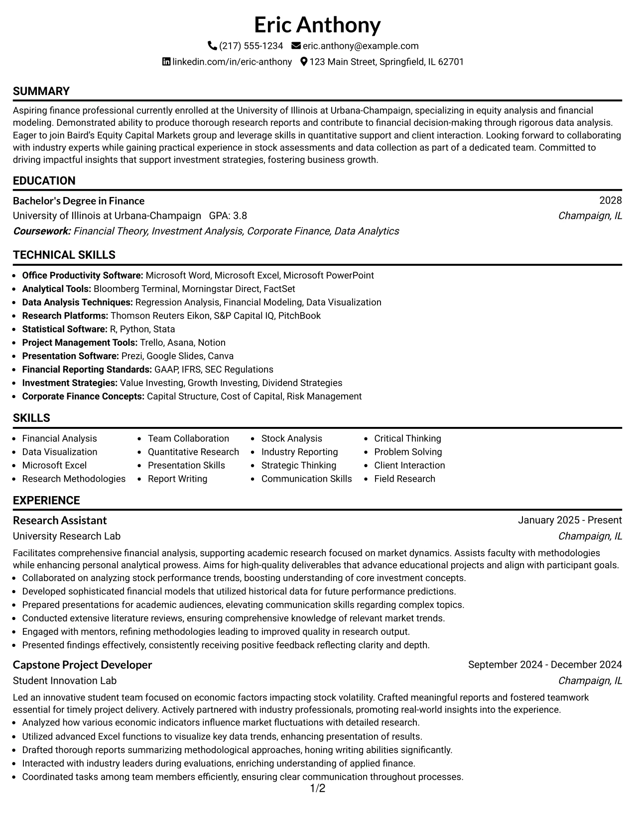 Resume Example Page 1