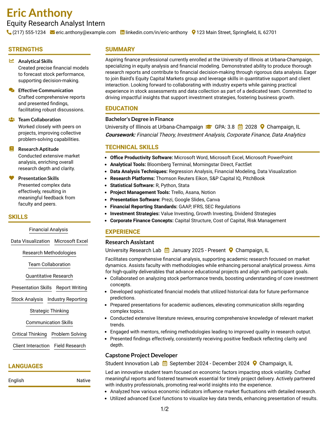 Resume Example Page 1