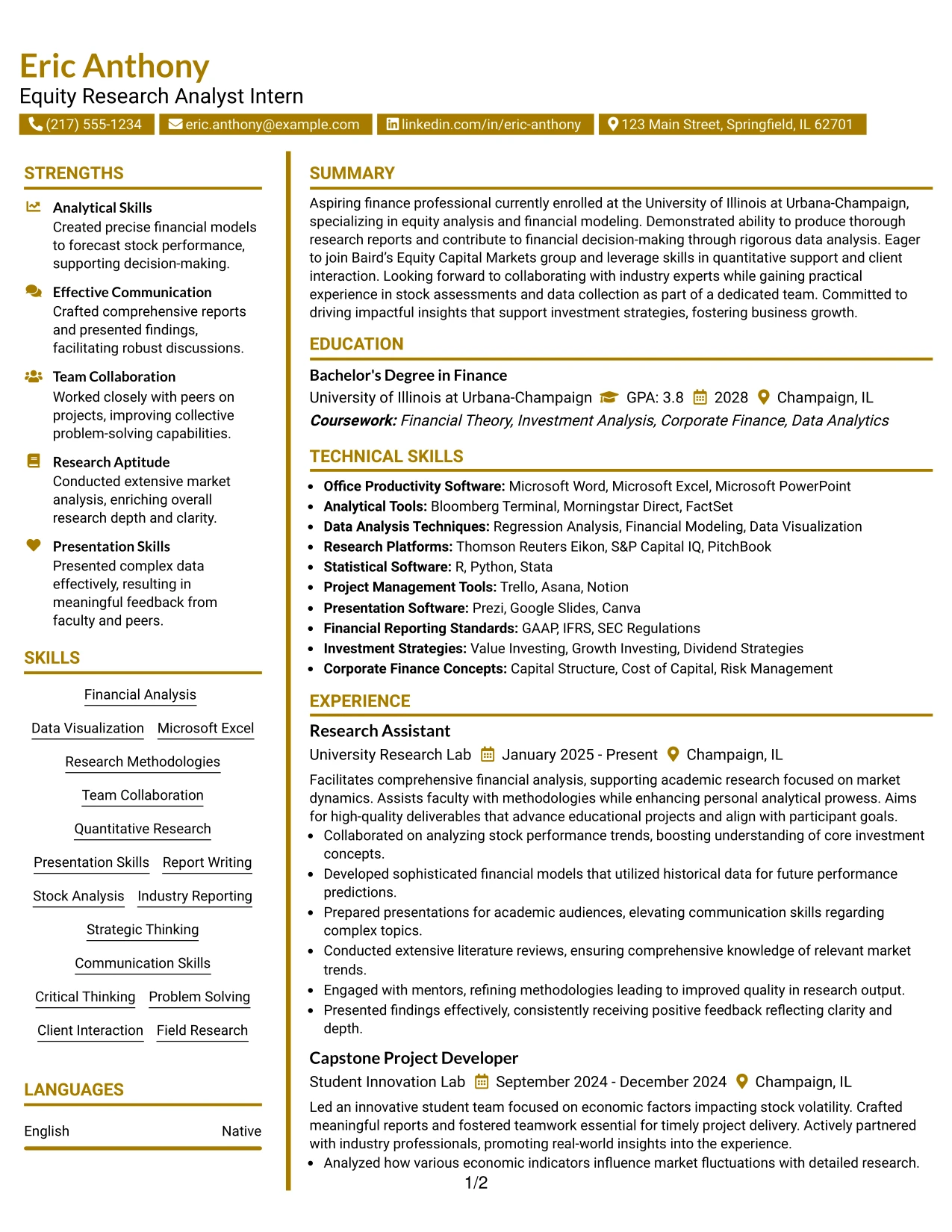 Resume Example Page 1