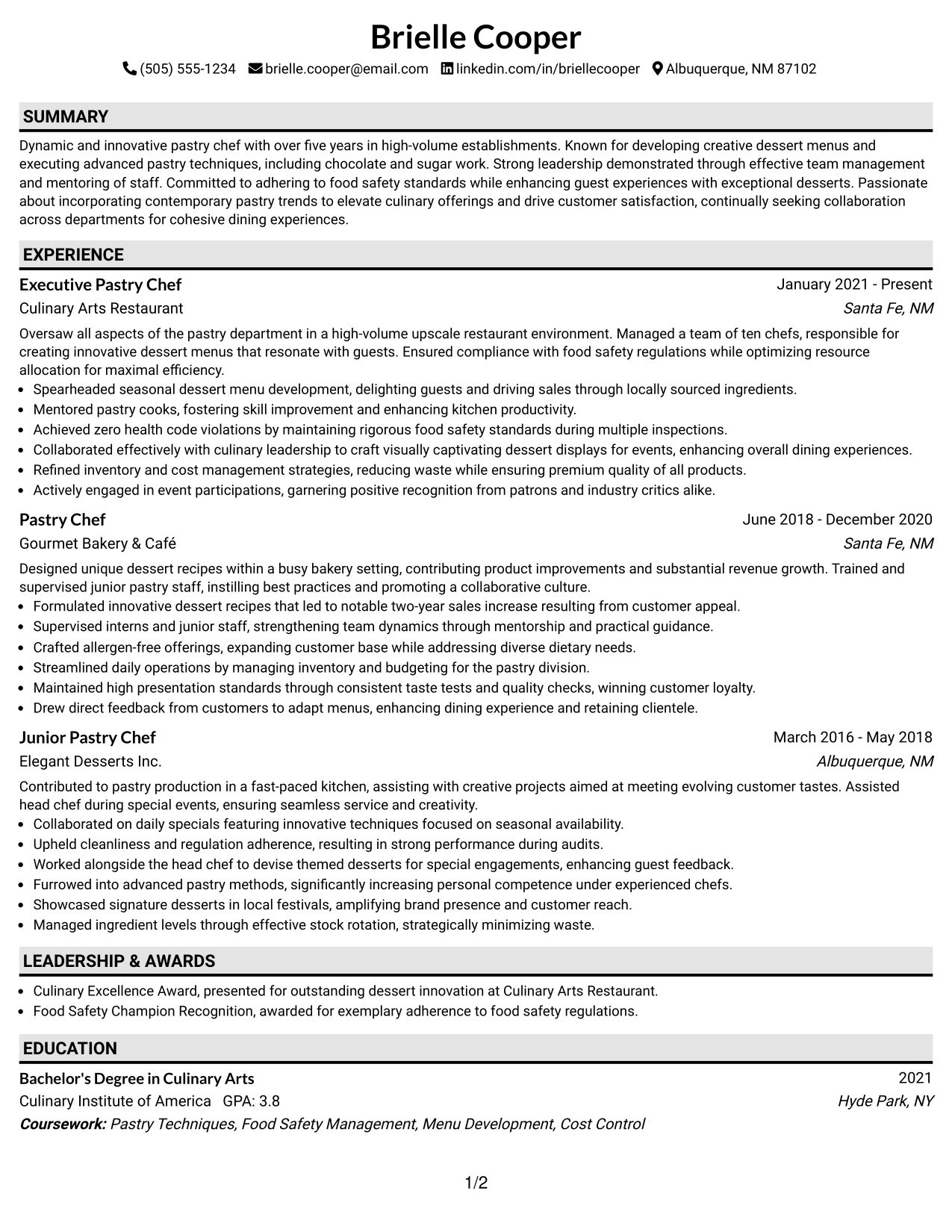 Resume Example Page 1