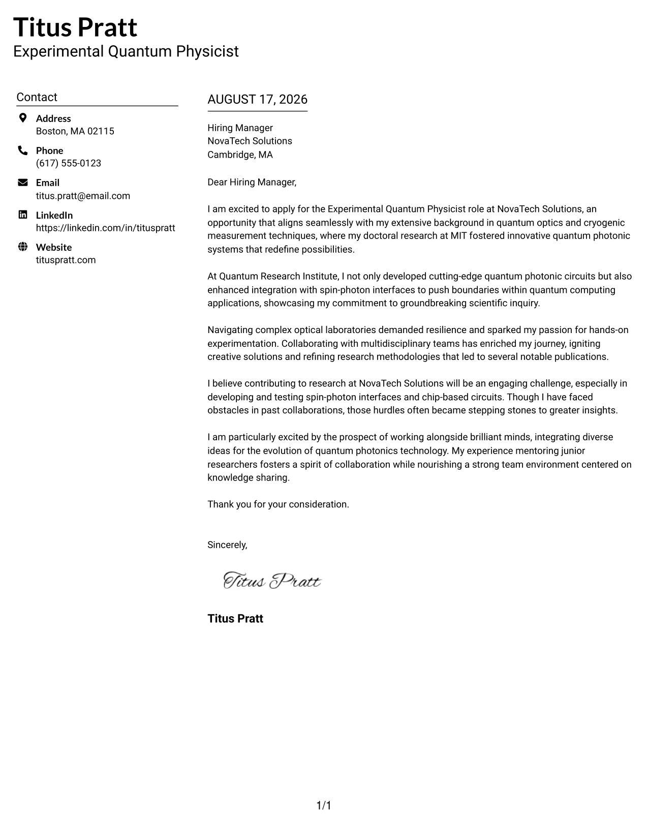 Resume Example Page 1