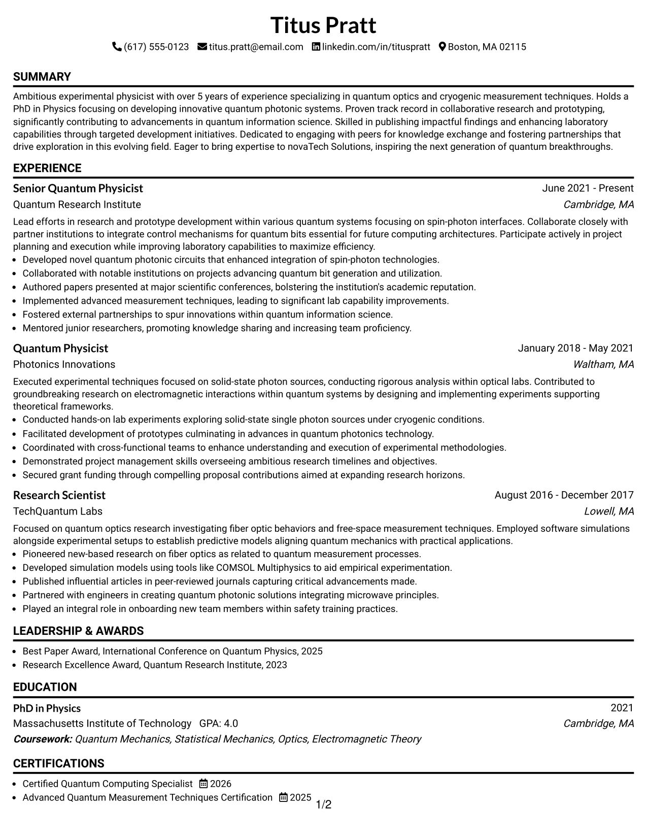 Resume Example Page 1