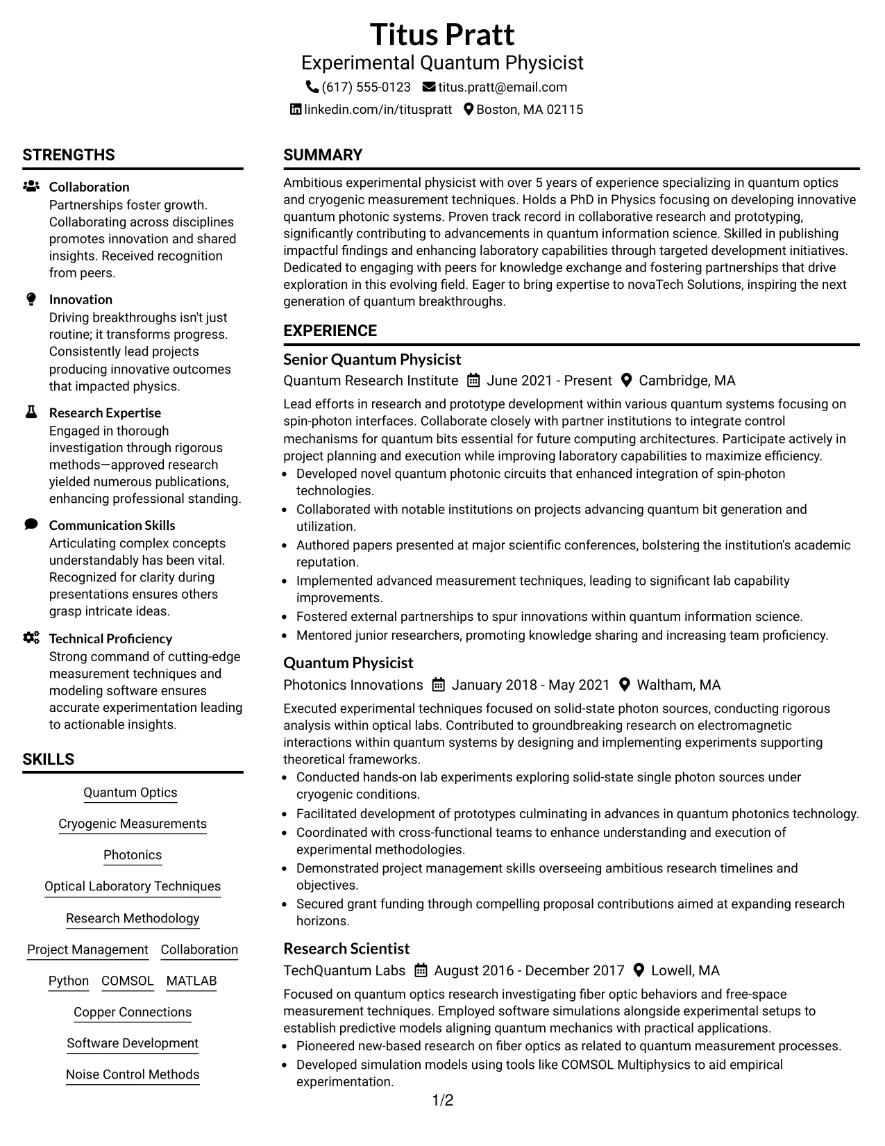 Resume Example Page 1