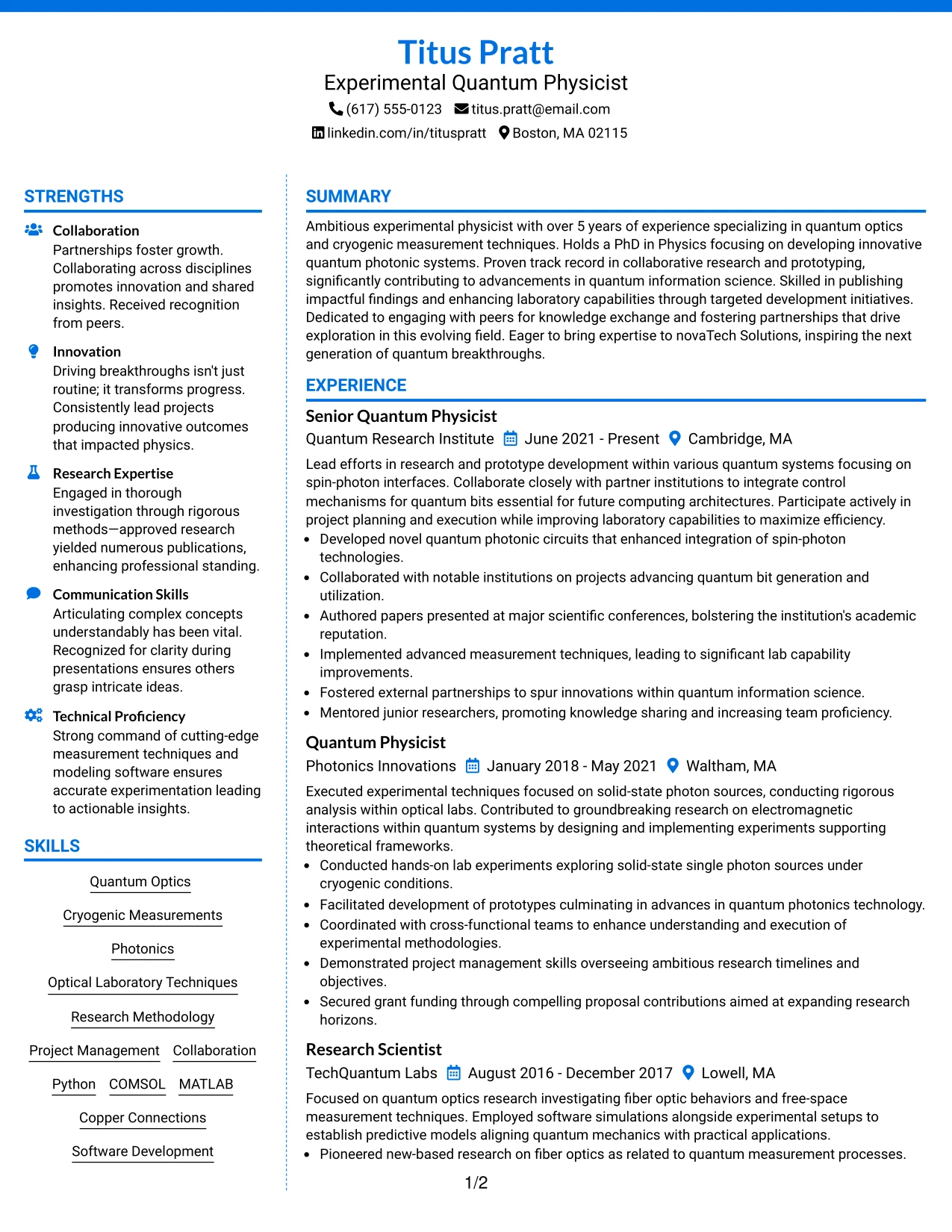 Resume Example Page 1