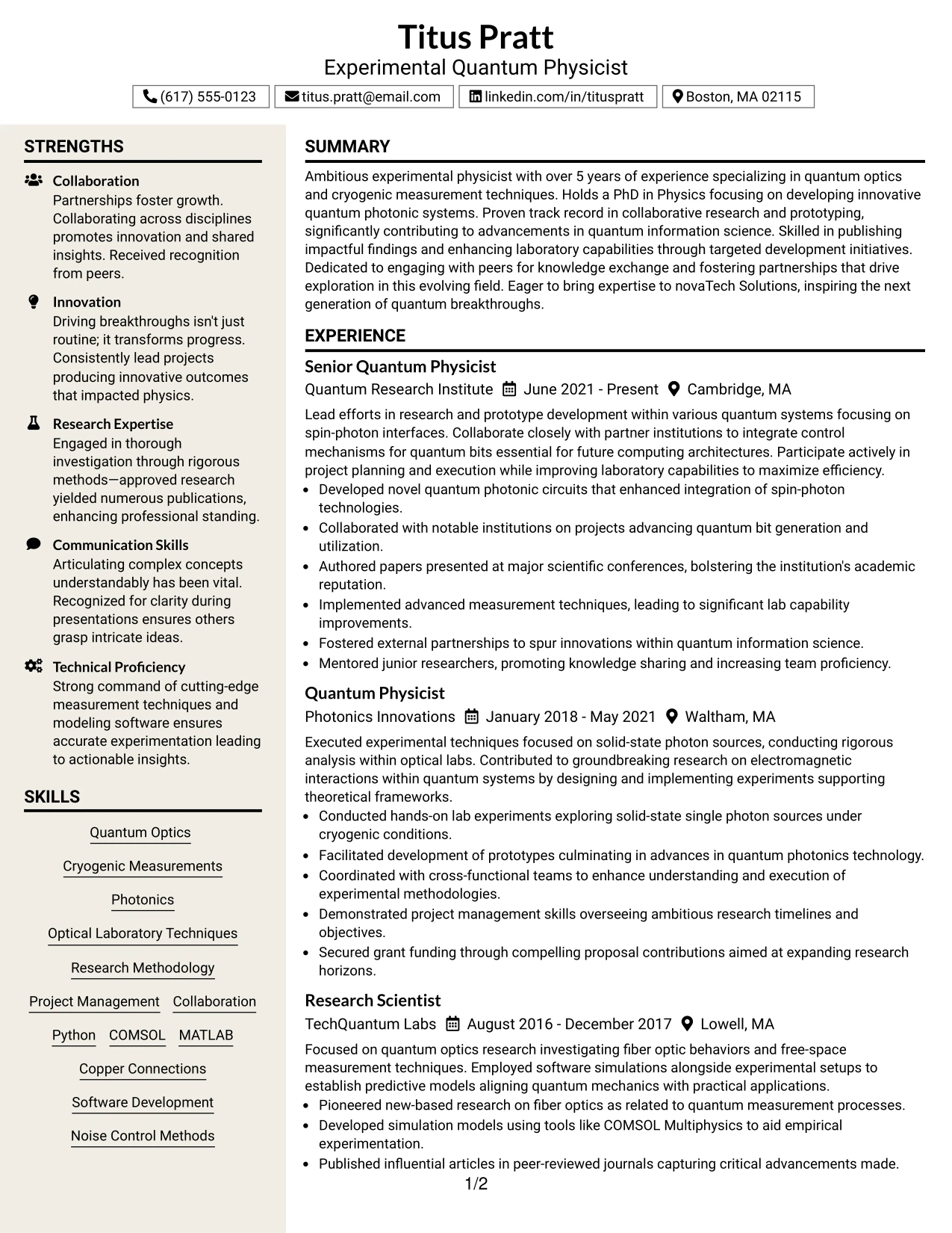 Resume Example Page 1