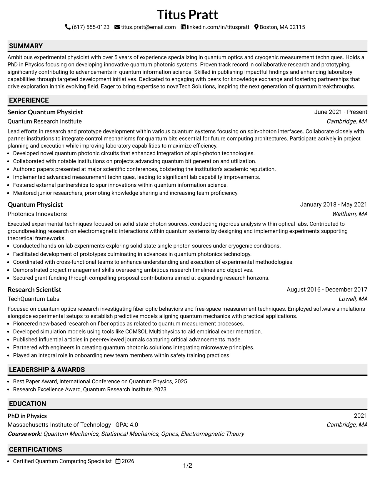 Resume Example Page 1
