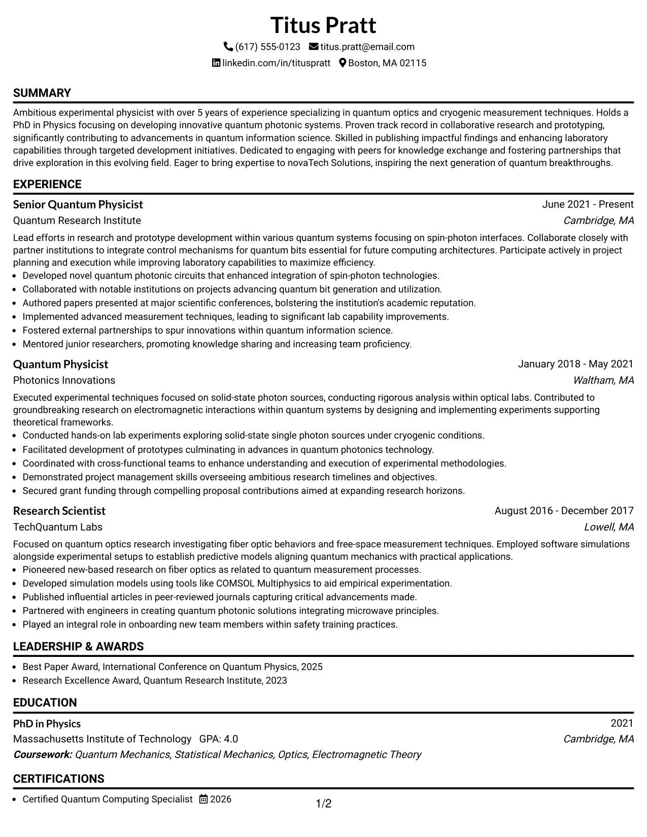 Resume Example Page 1