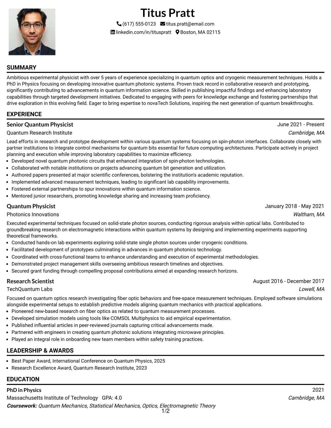 Resume Example Page 1