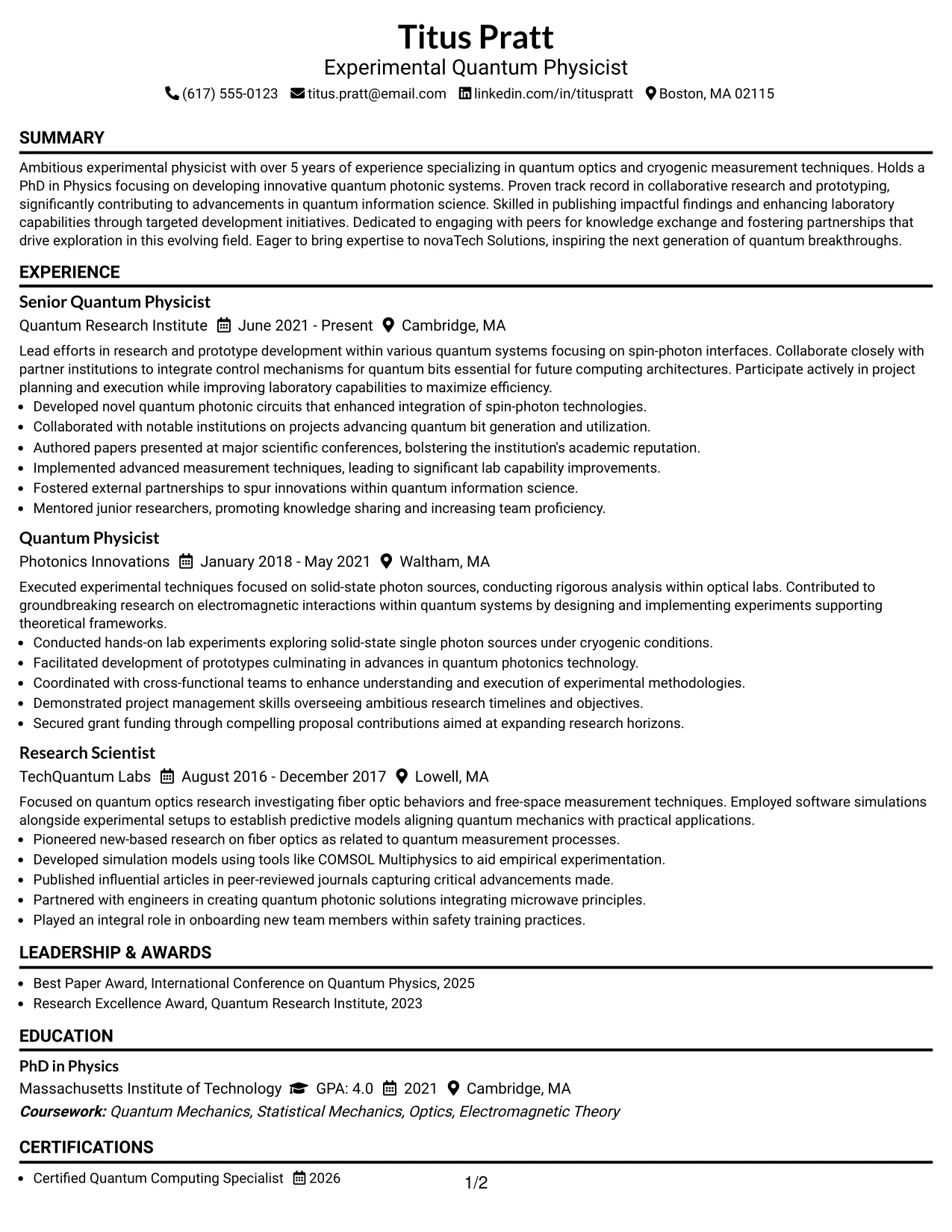 Resume Example Page 1