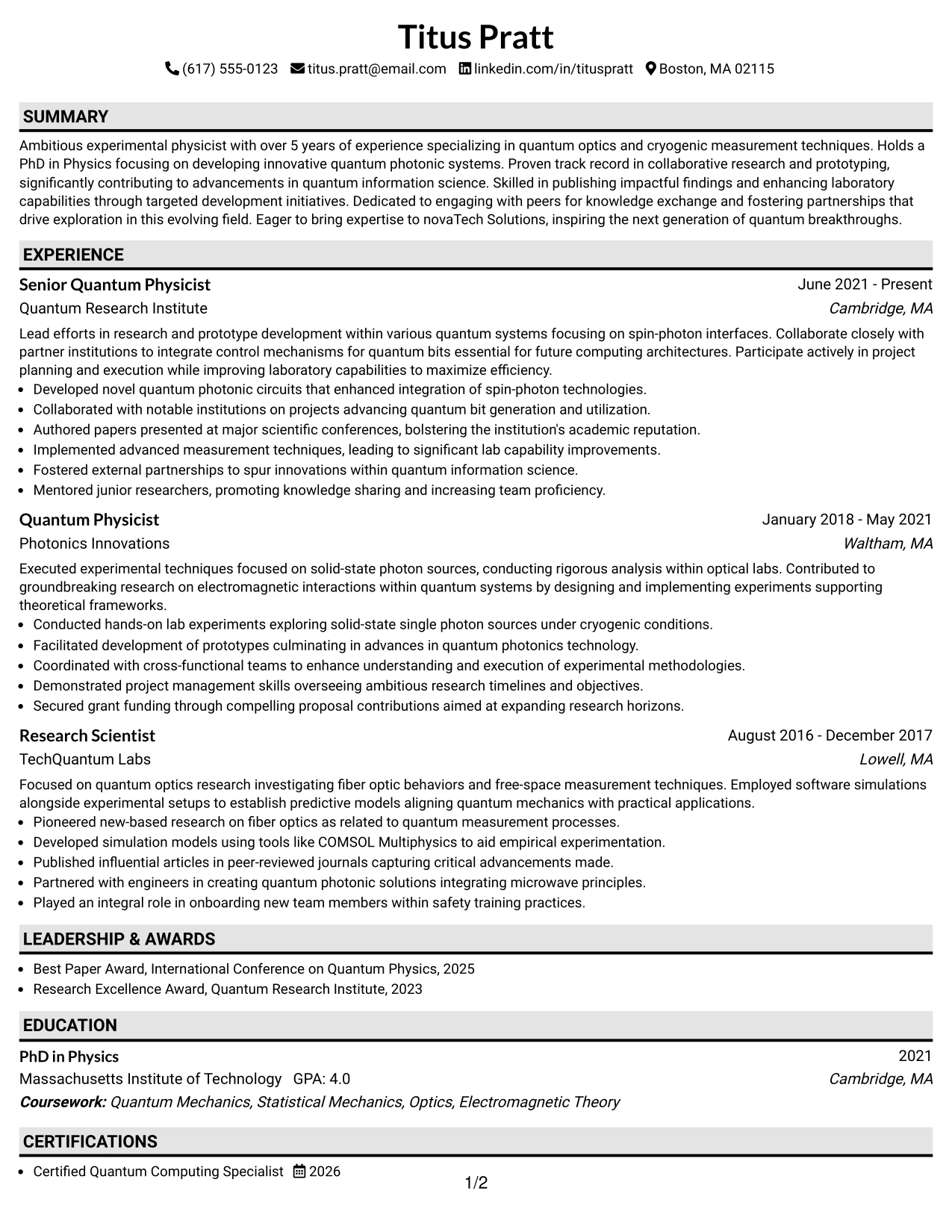 Resume Example Page 1