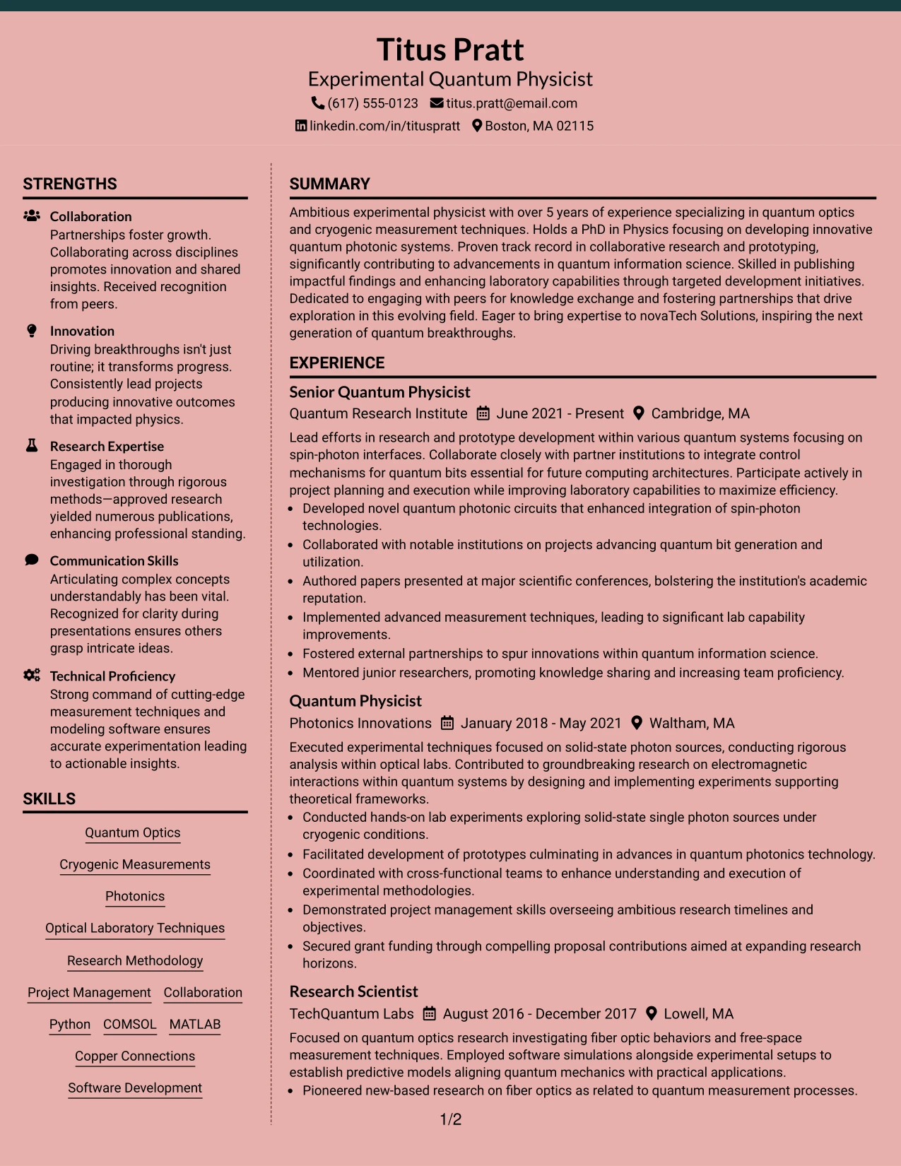 Resume Example Page 1