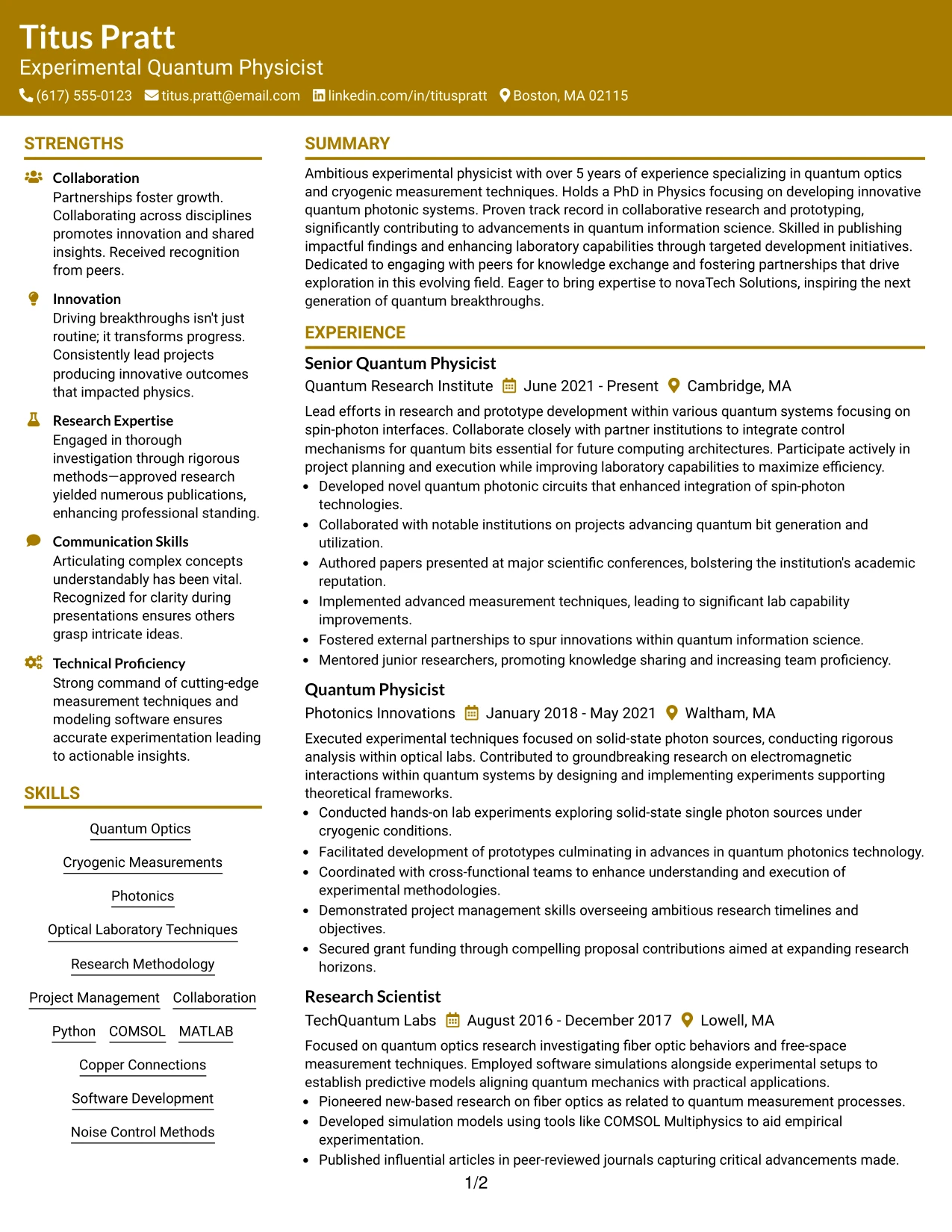 Resume Example Page 1