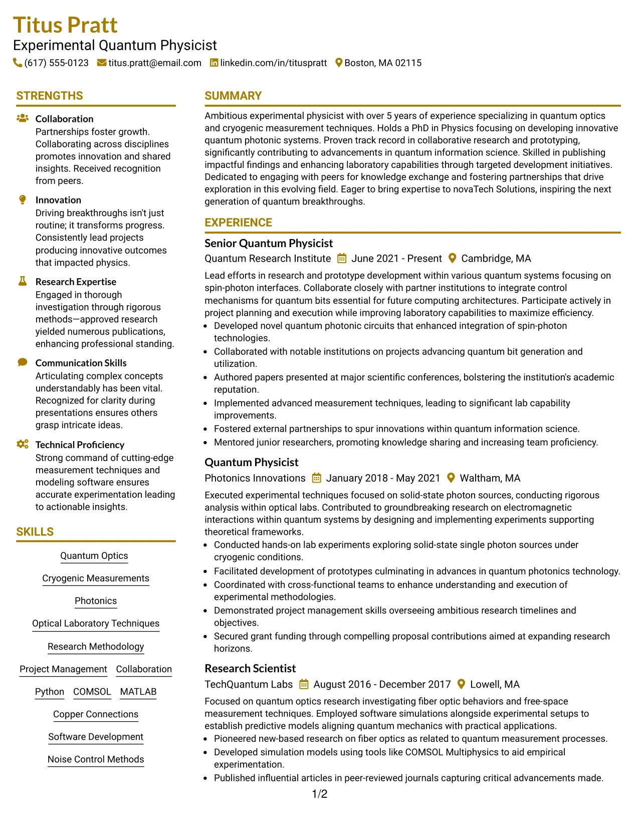 Resume Example Page 1