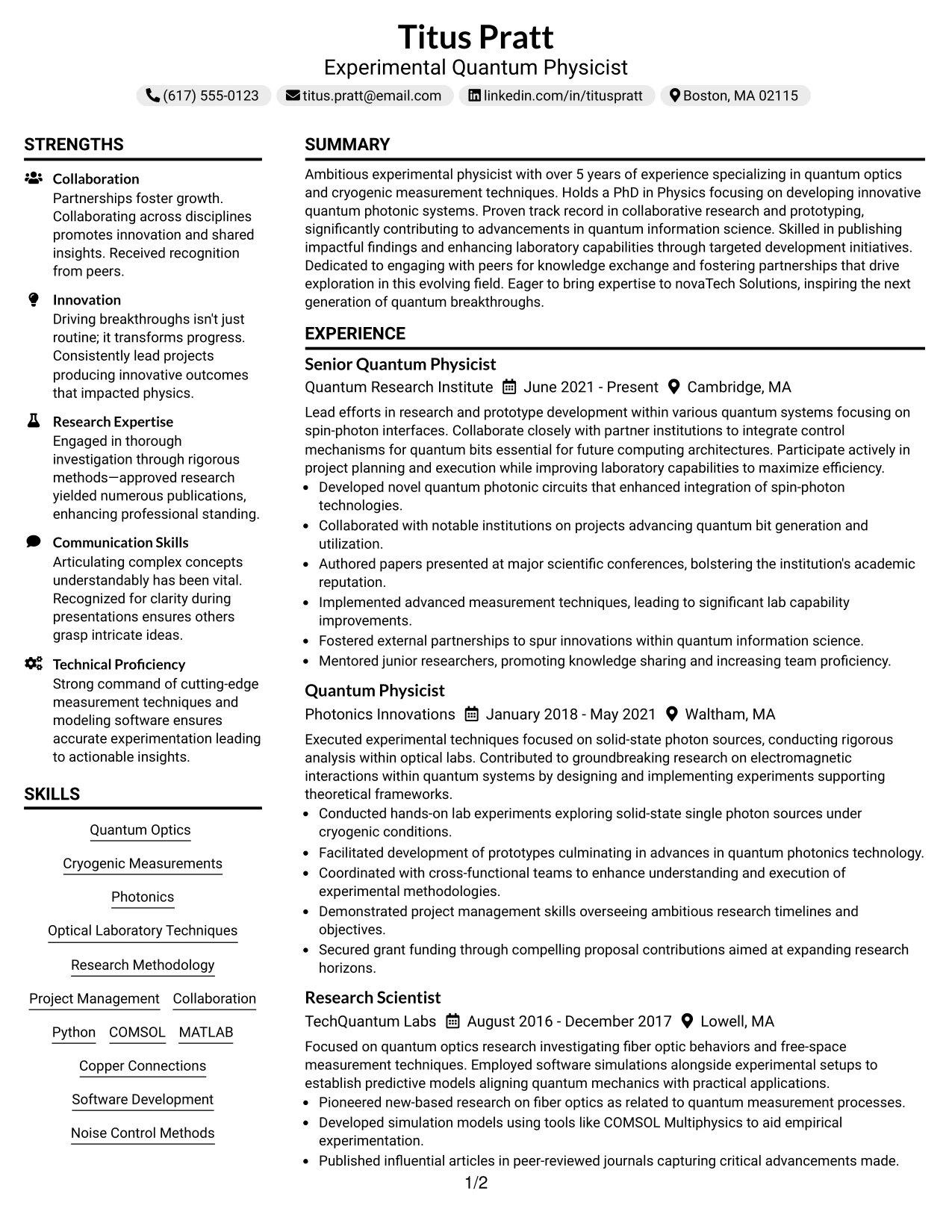 Resume Example Page 1