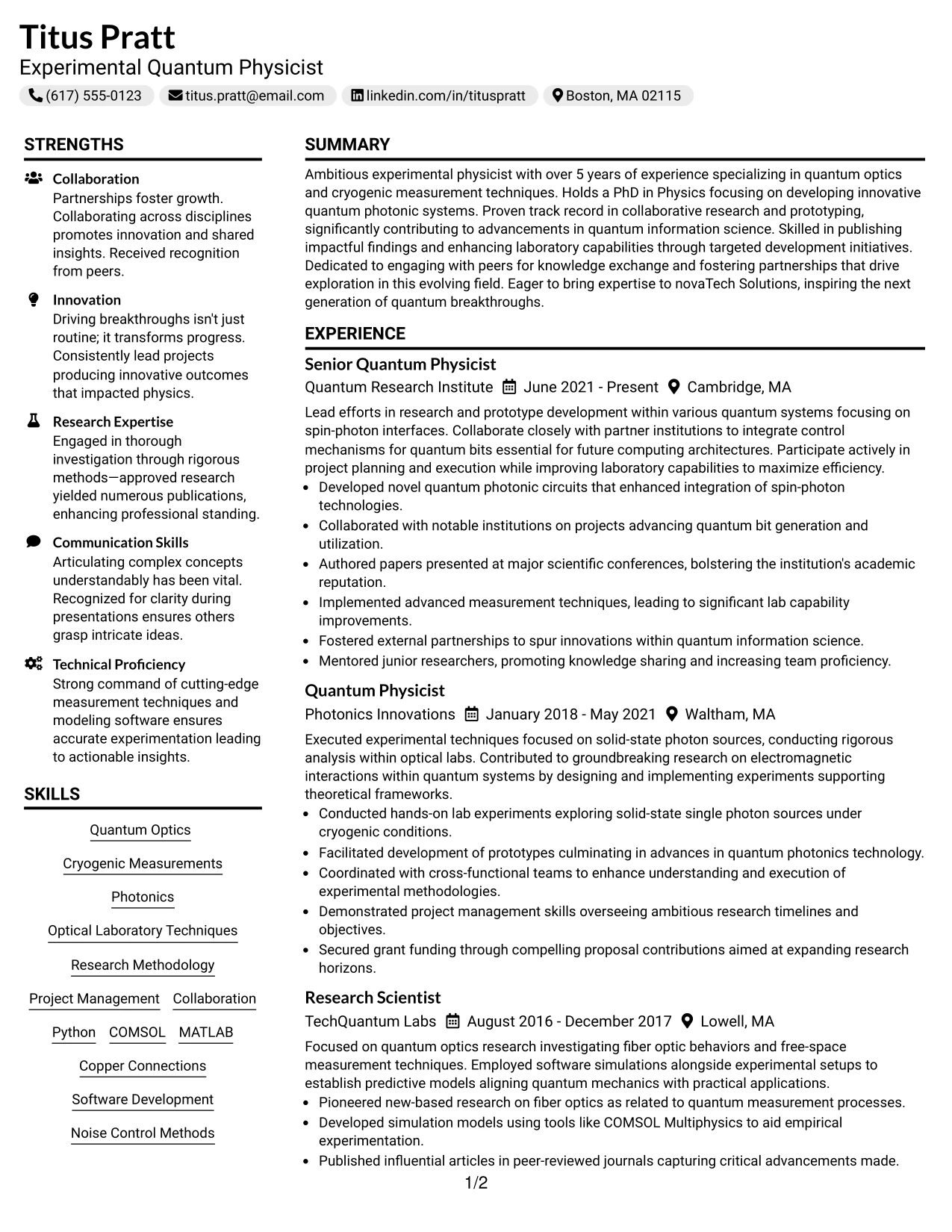 Resume Example Page 1