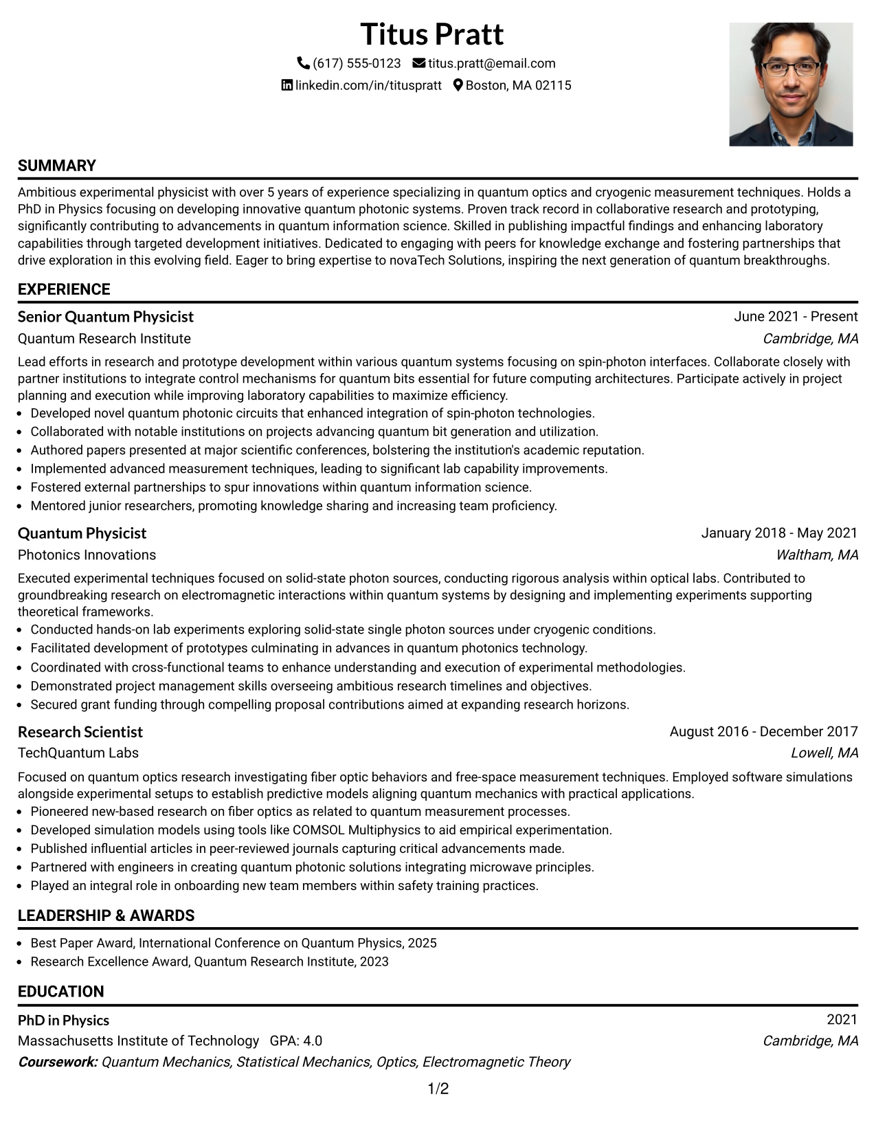 Resume Example Page 1