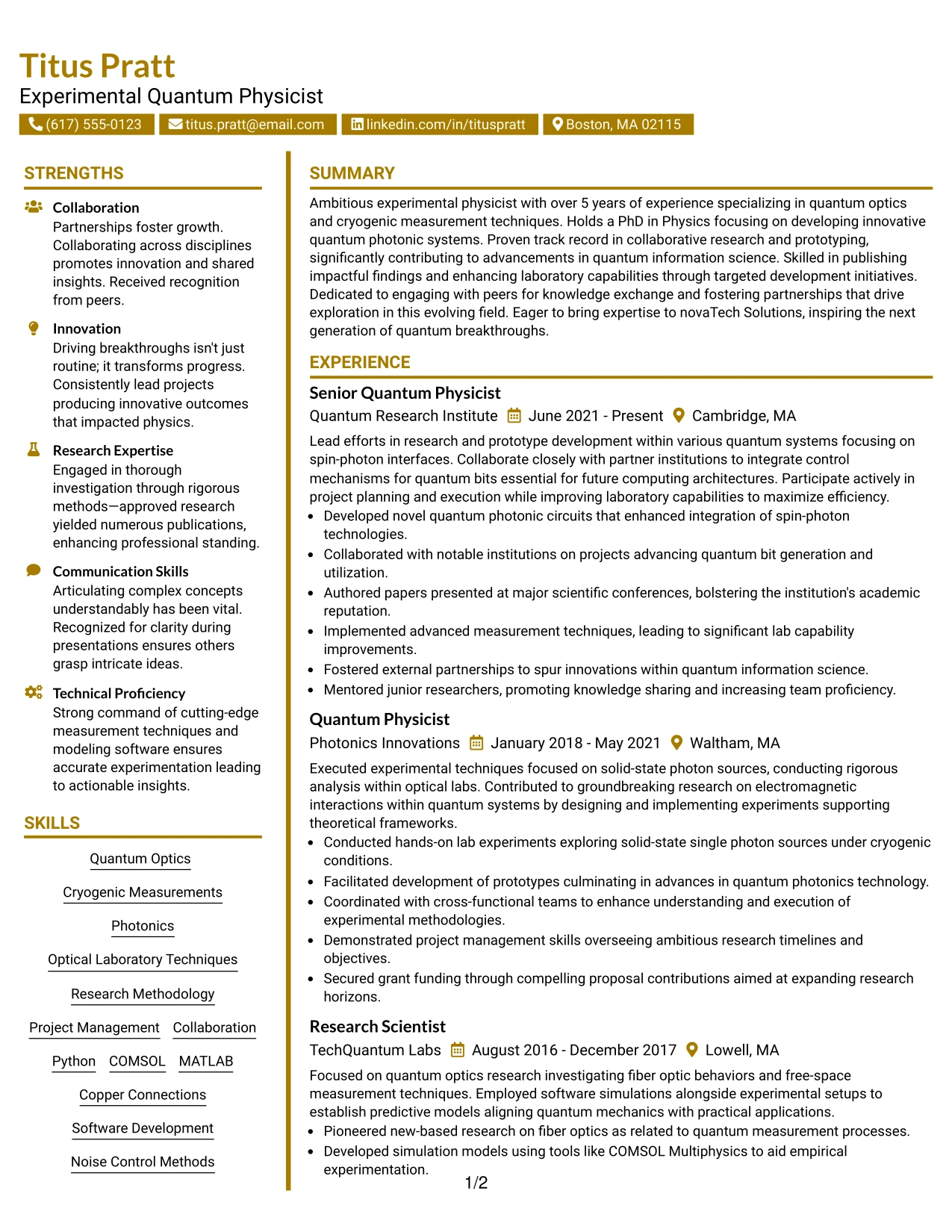 Resume Example Page 1