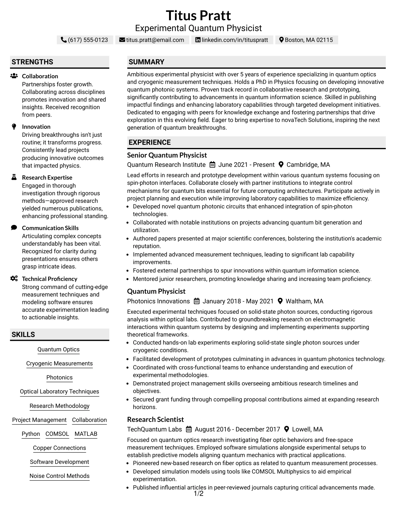 Resume Example Page 1
