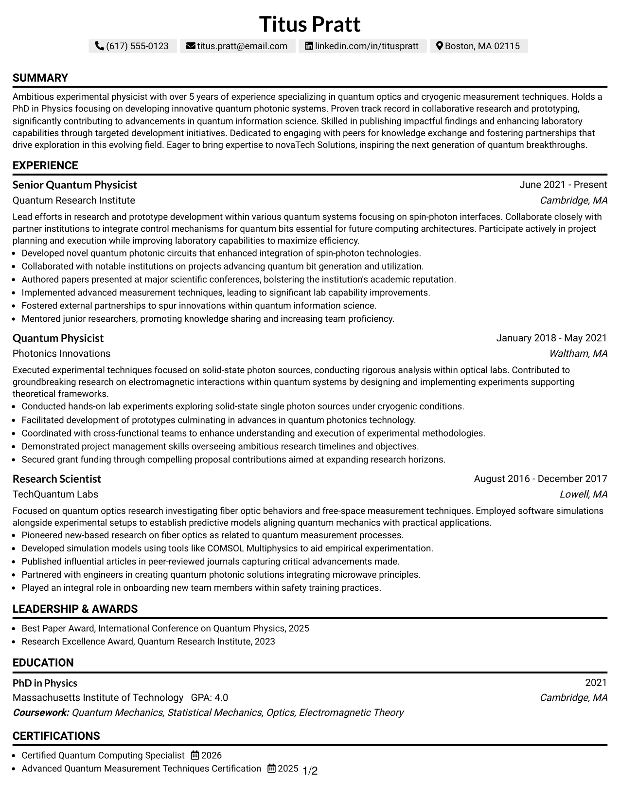 Resume Example Page 1