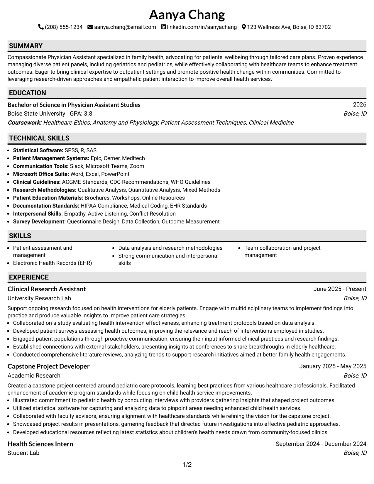 Resume Example Page 1