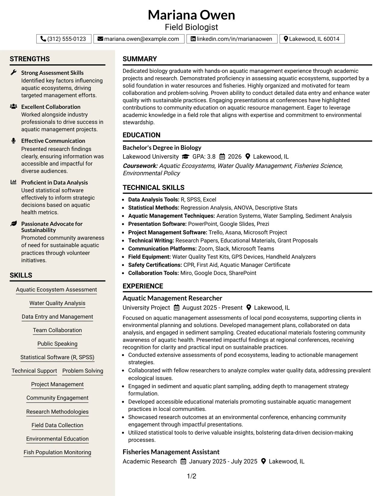 Resume Example Page 1