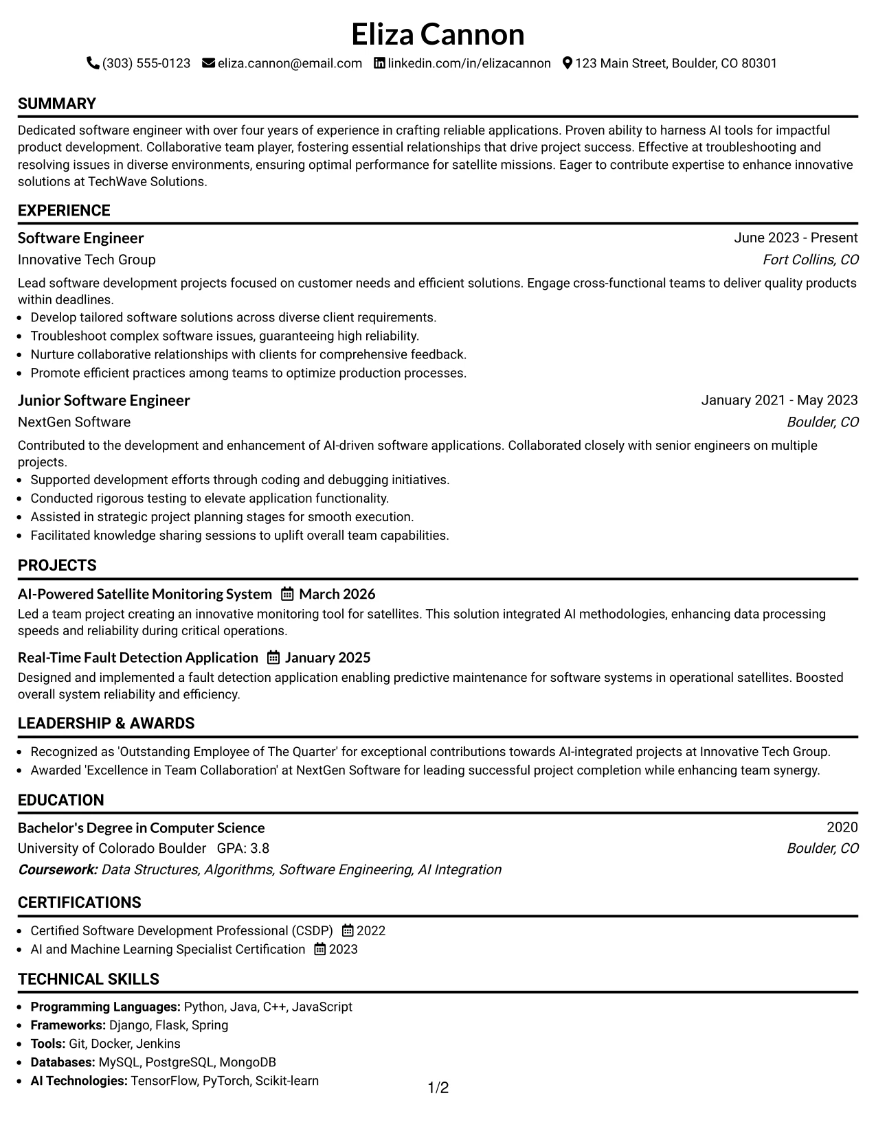 Resume Example Page 1