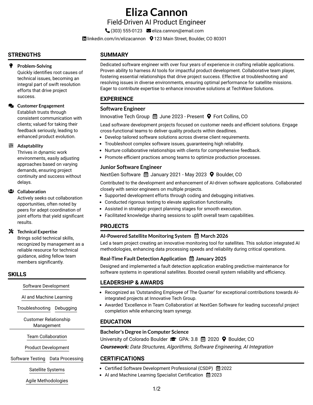 Resume Example Page 1