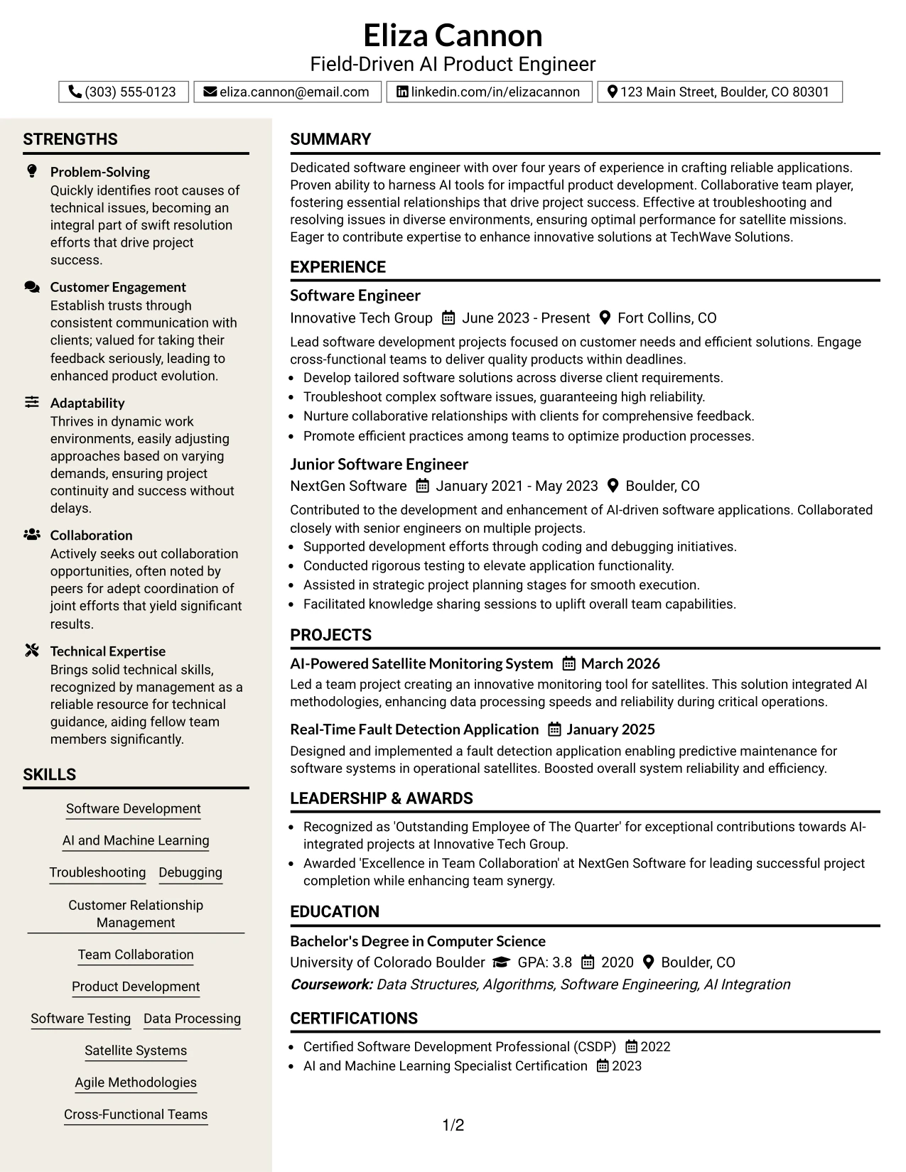 Resume Example Page 1