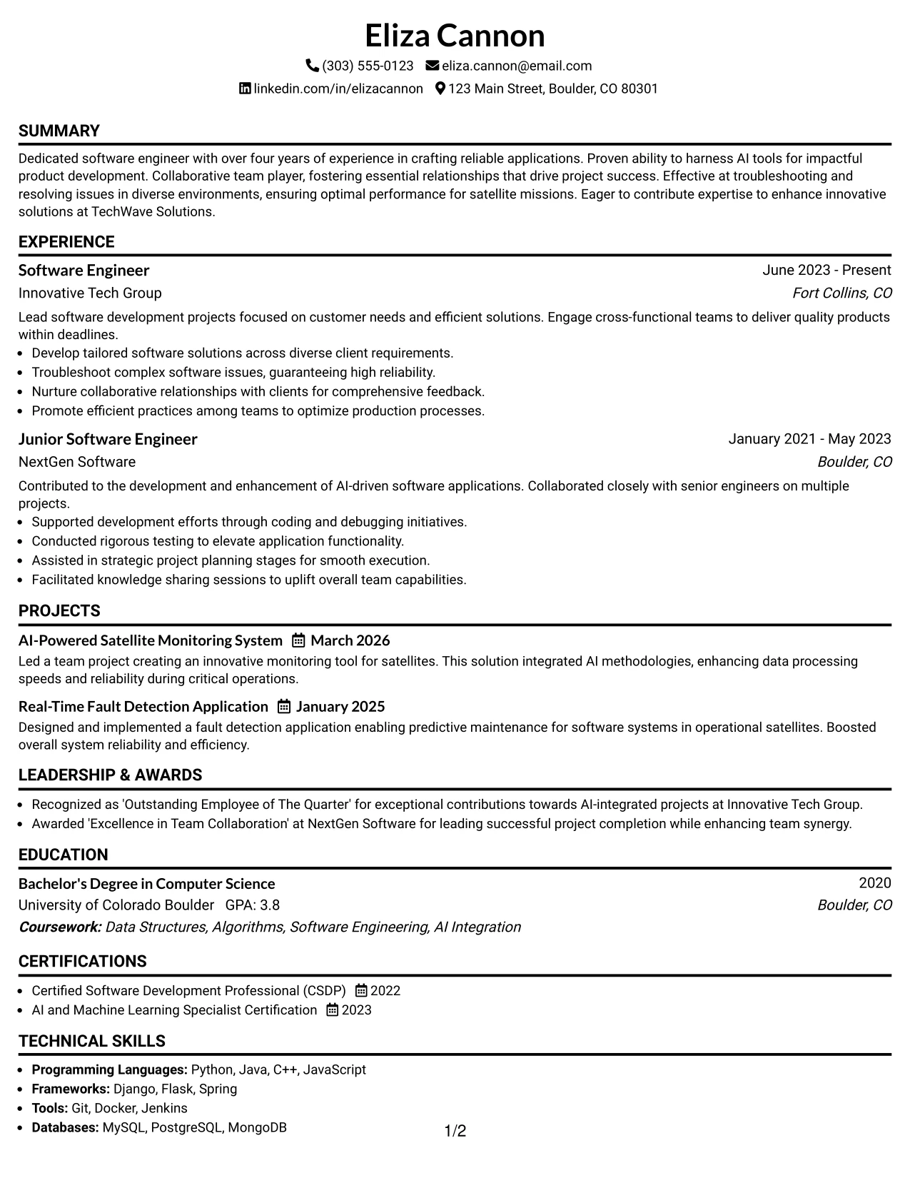 Resume Example Page 1